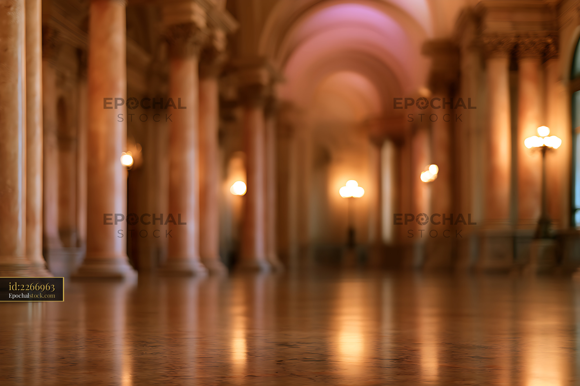 Watermarked full-resolution preview of Warm blurred architectural hall with illuminated columns