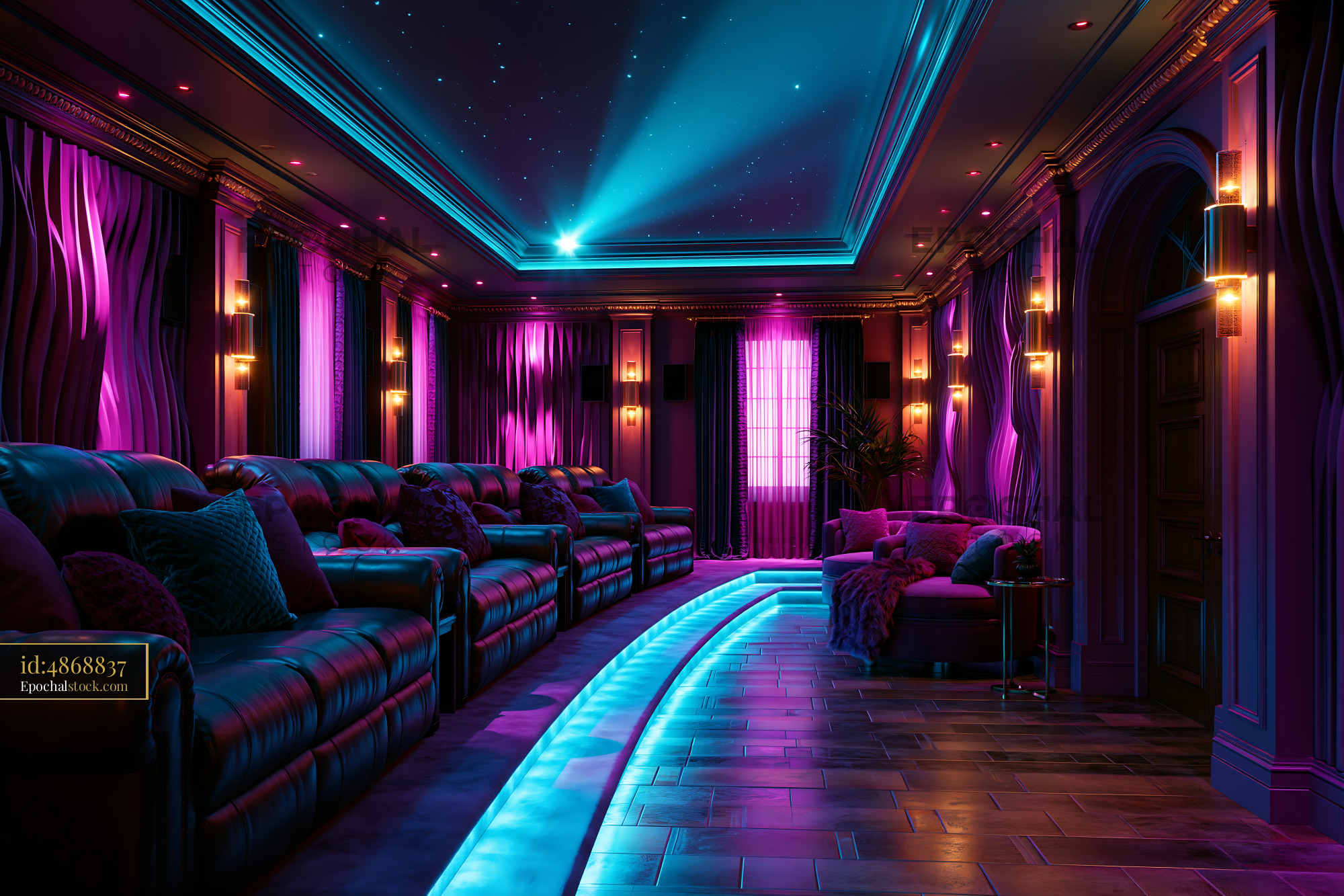 Watermarked full-resolution preview of Home theater with purple lighting and comfortable seating