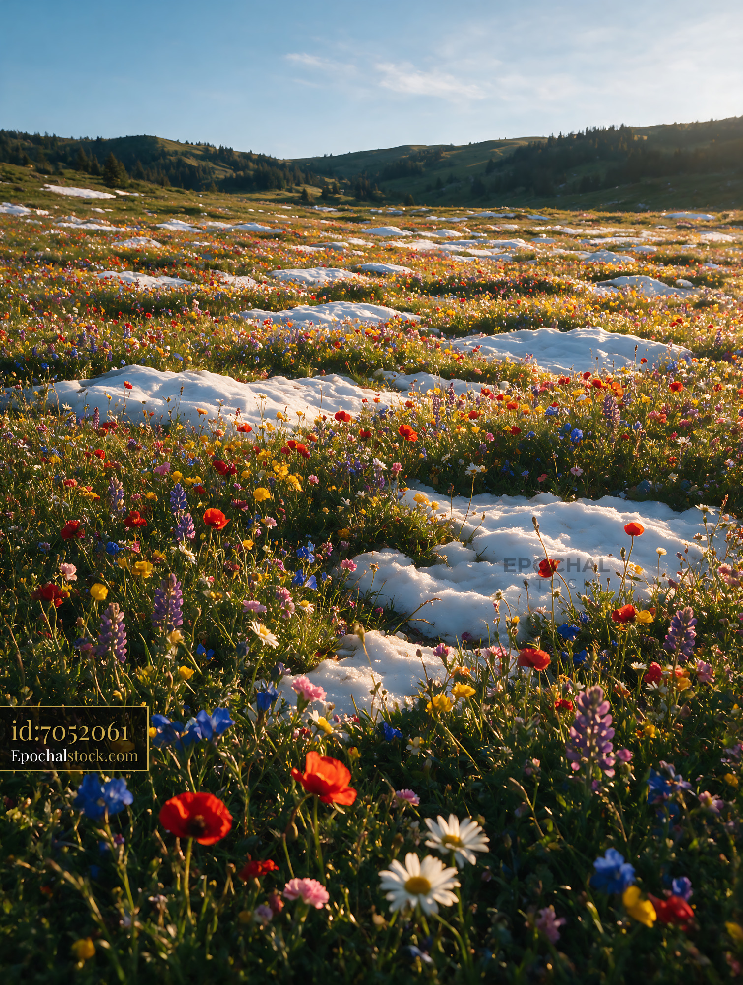 Wildflowers Blooming in an Alpine Meadow During Springtime - stock photo