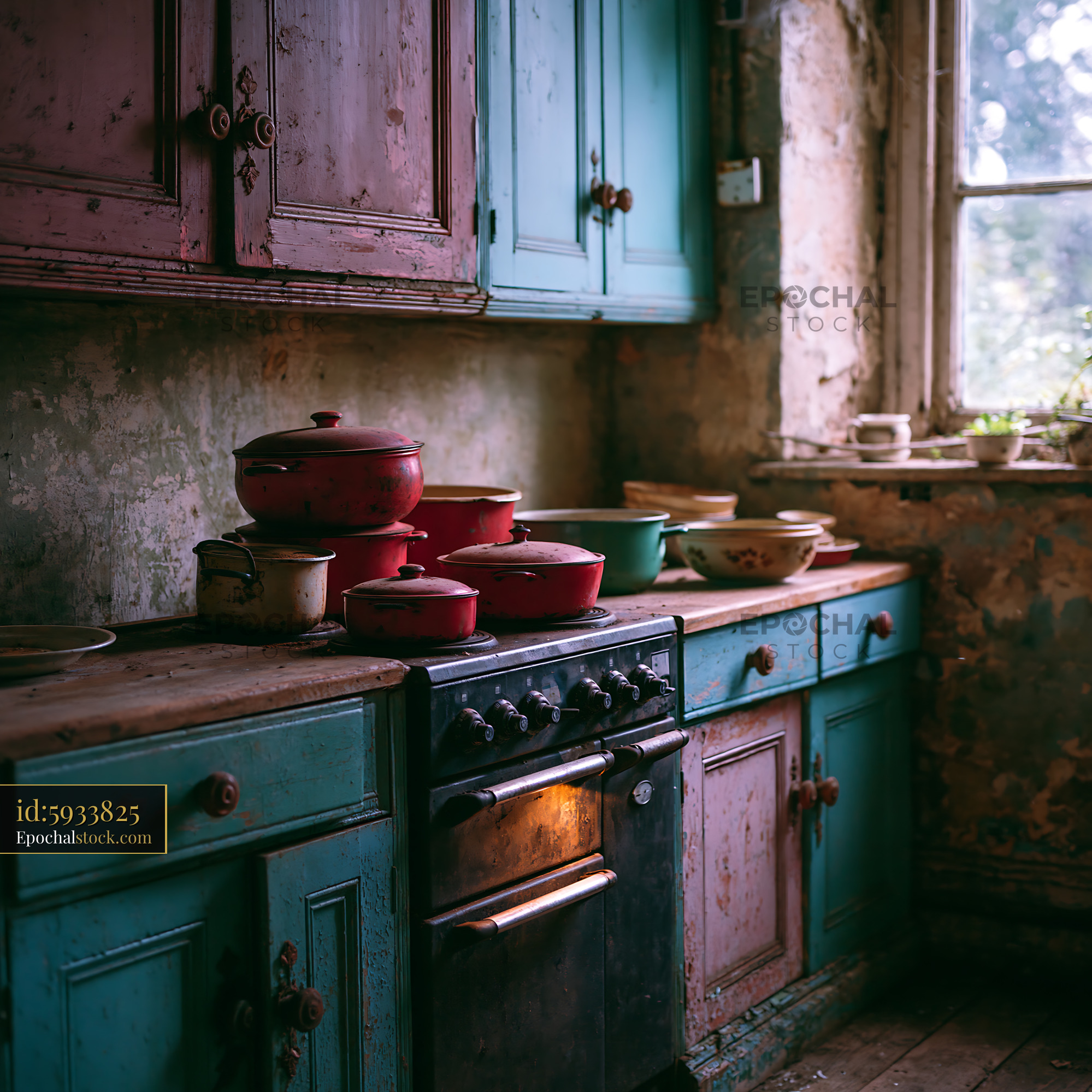 Watermarked full-resolution preview of Old kitchen with colorful cabinets and cookware on the counter