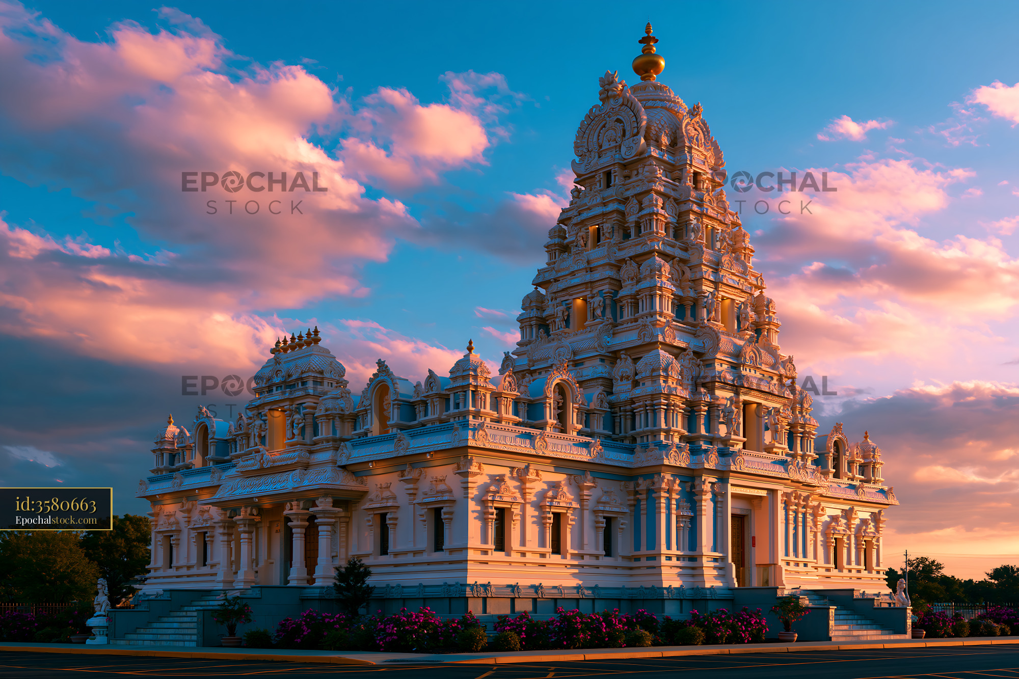 Watermarked full-resolution preview of Beautiful temple under a colorful sky at sunset