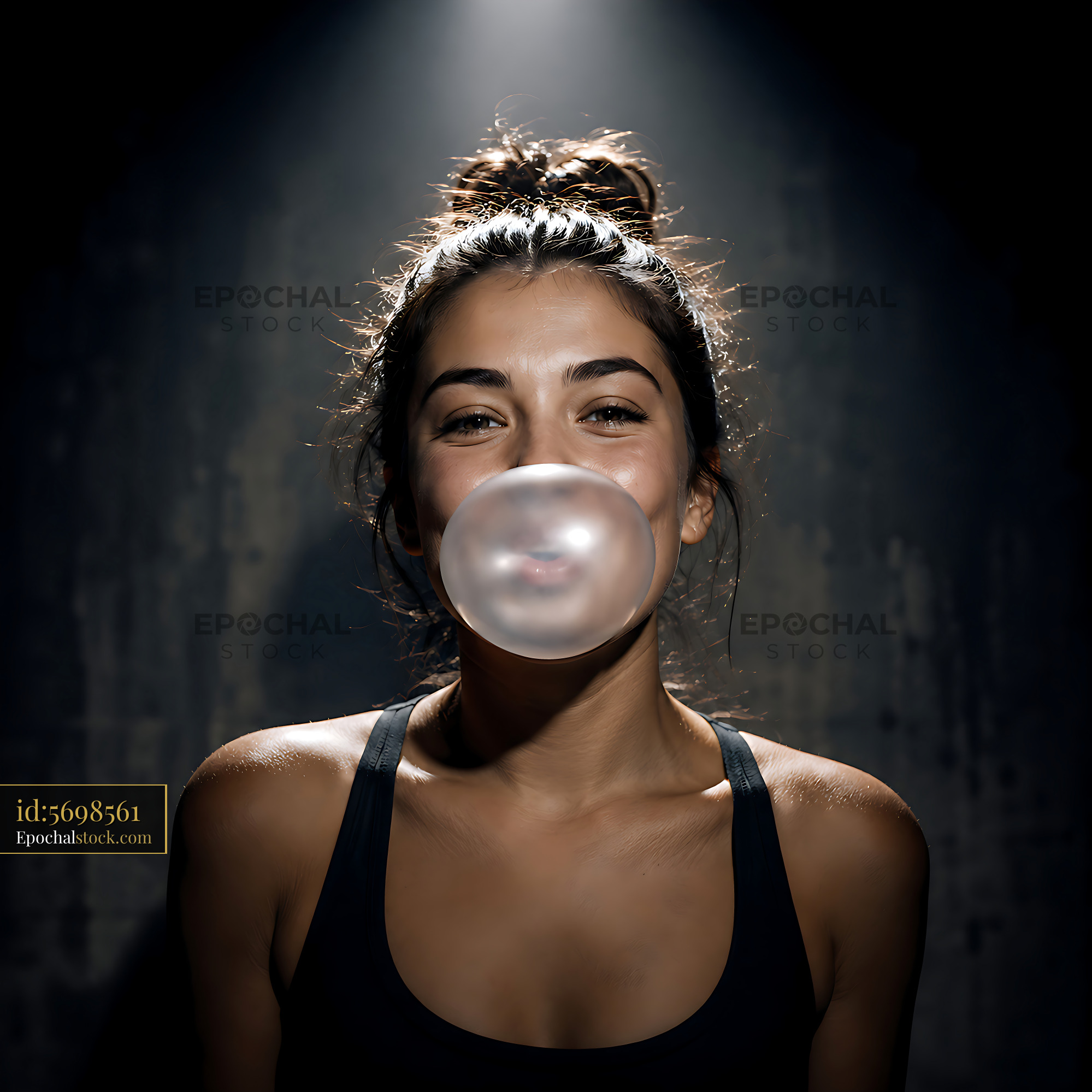 Young Woman Blowing Bubble Gum in Studio With Spotlight — stock example for Seedream 4.5 cost control