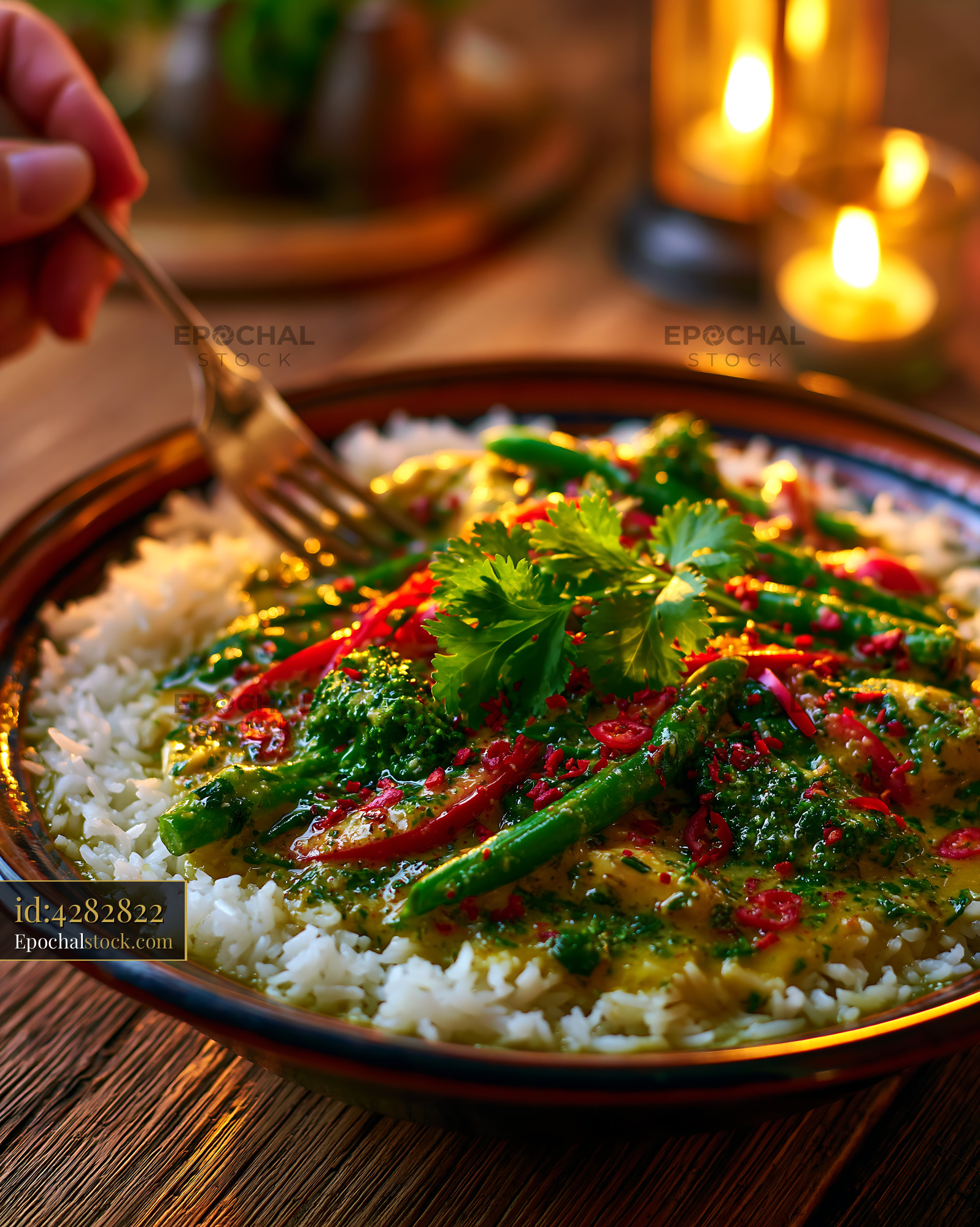 Watermarked full-resolution preview of Delicious rice dish with vibrant green toppings and herbs