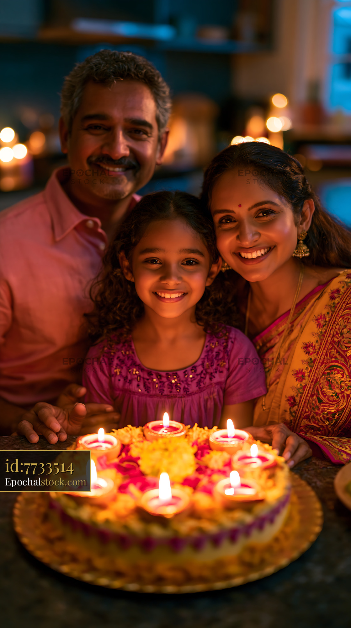Watermarked full-resolution preview of Family celebration with a cake and candles at home