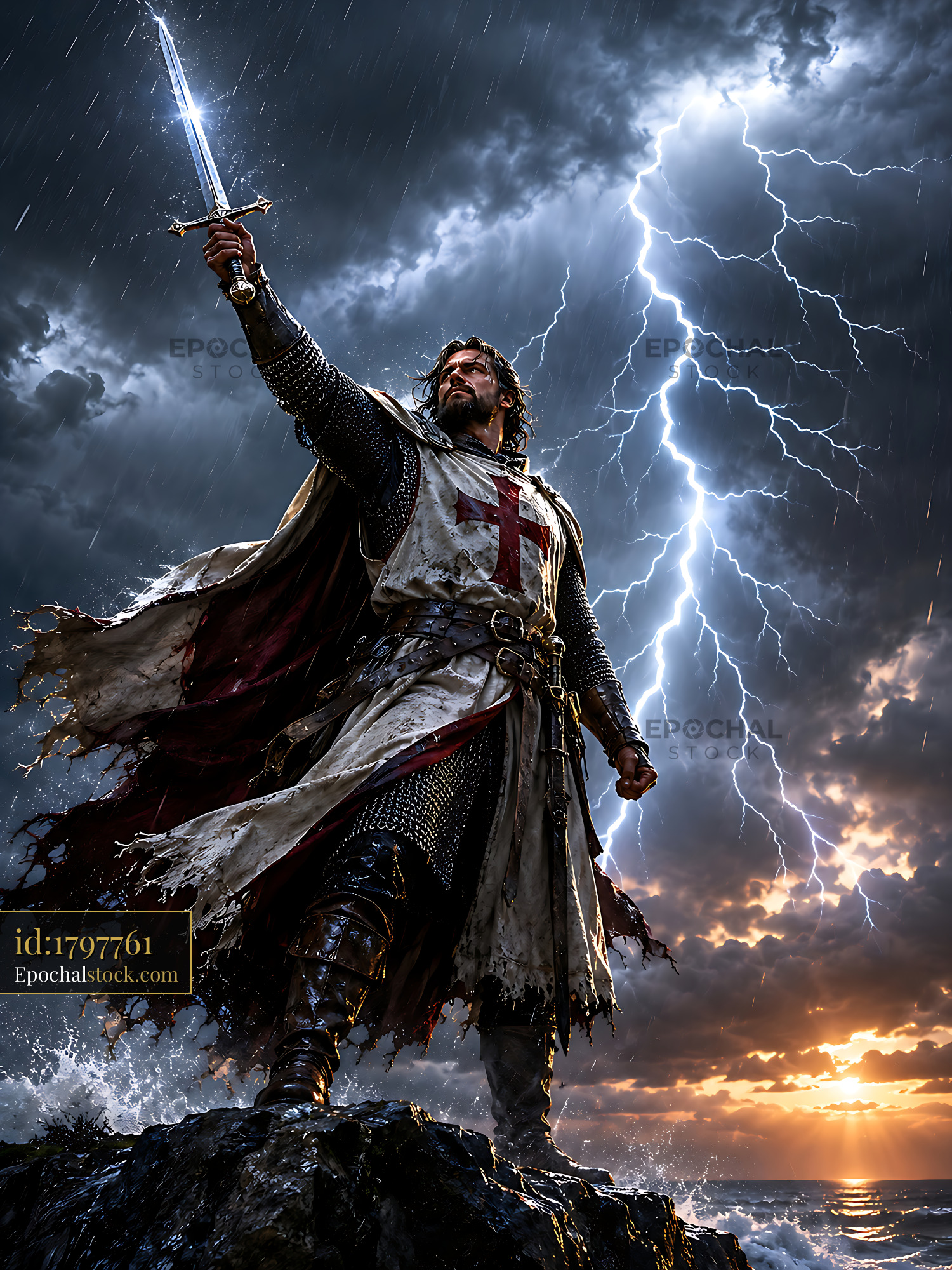 Watermarked full-resolution preview of Knight in armor holding sword under stormy sky