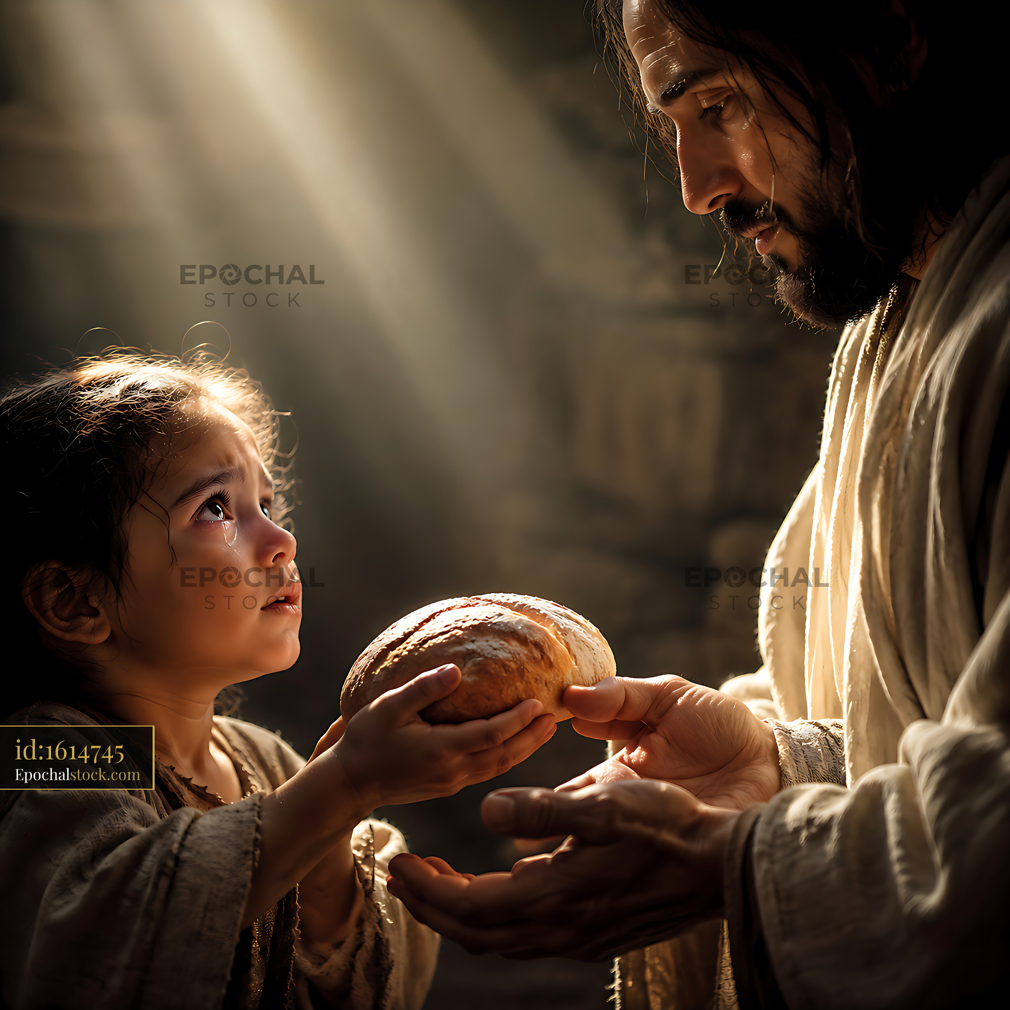 Watermarked full-resolution preview of Jesus gives bread to a child in a warm light setting