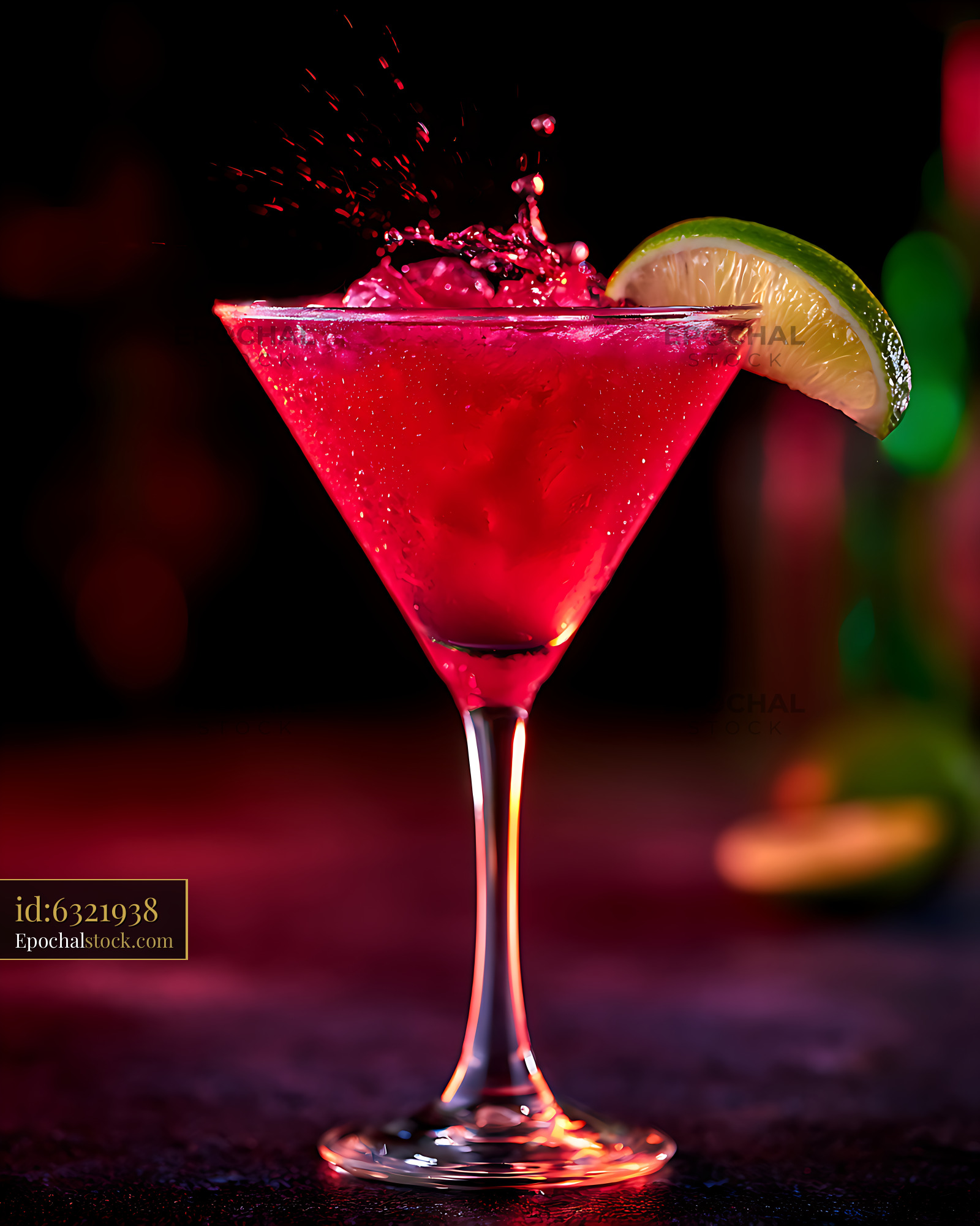 Watermarked full-resolution preview of Red cocktail in martini glass with lime and splash