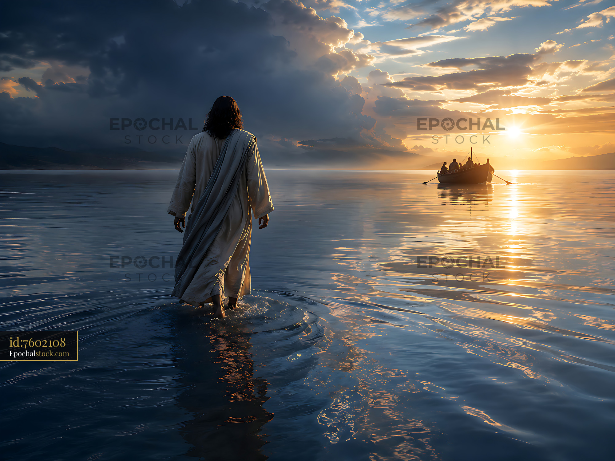 Watermarked full-resolution preview of Person walking on water while a boat approaches at sunset