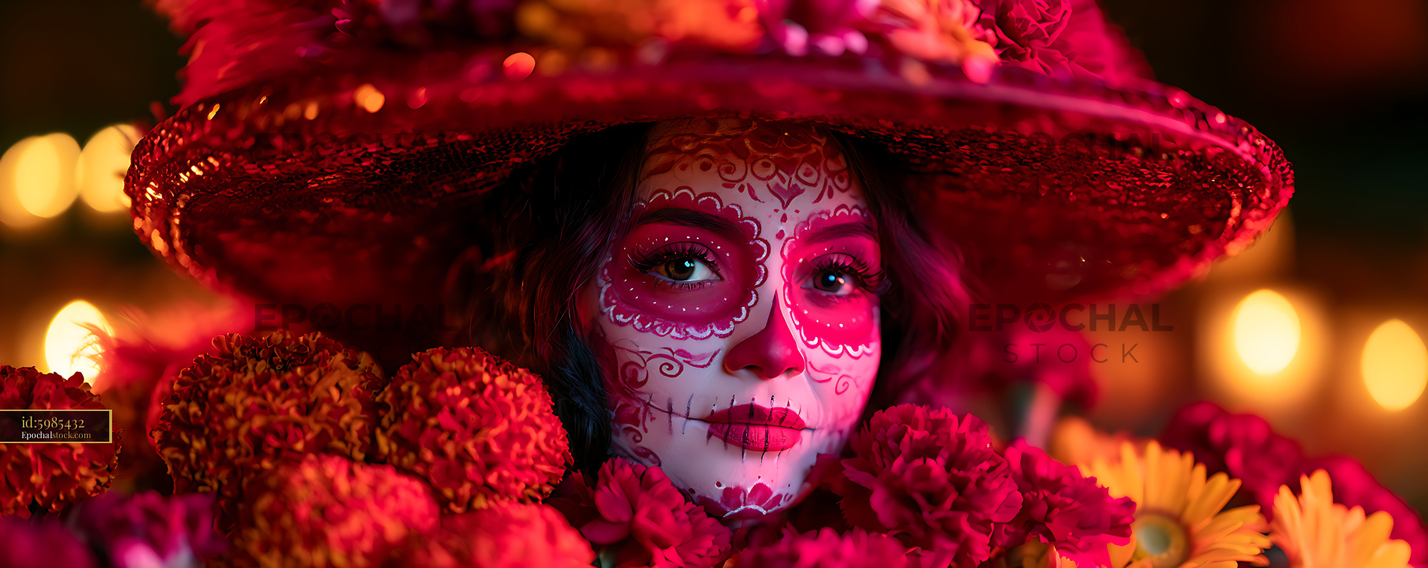 Watermarked full-resolution preview of Close-up sugar skull makeup portrait surrounded by flowers