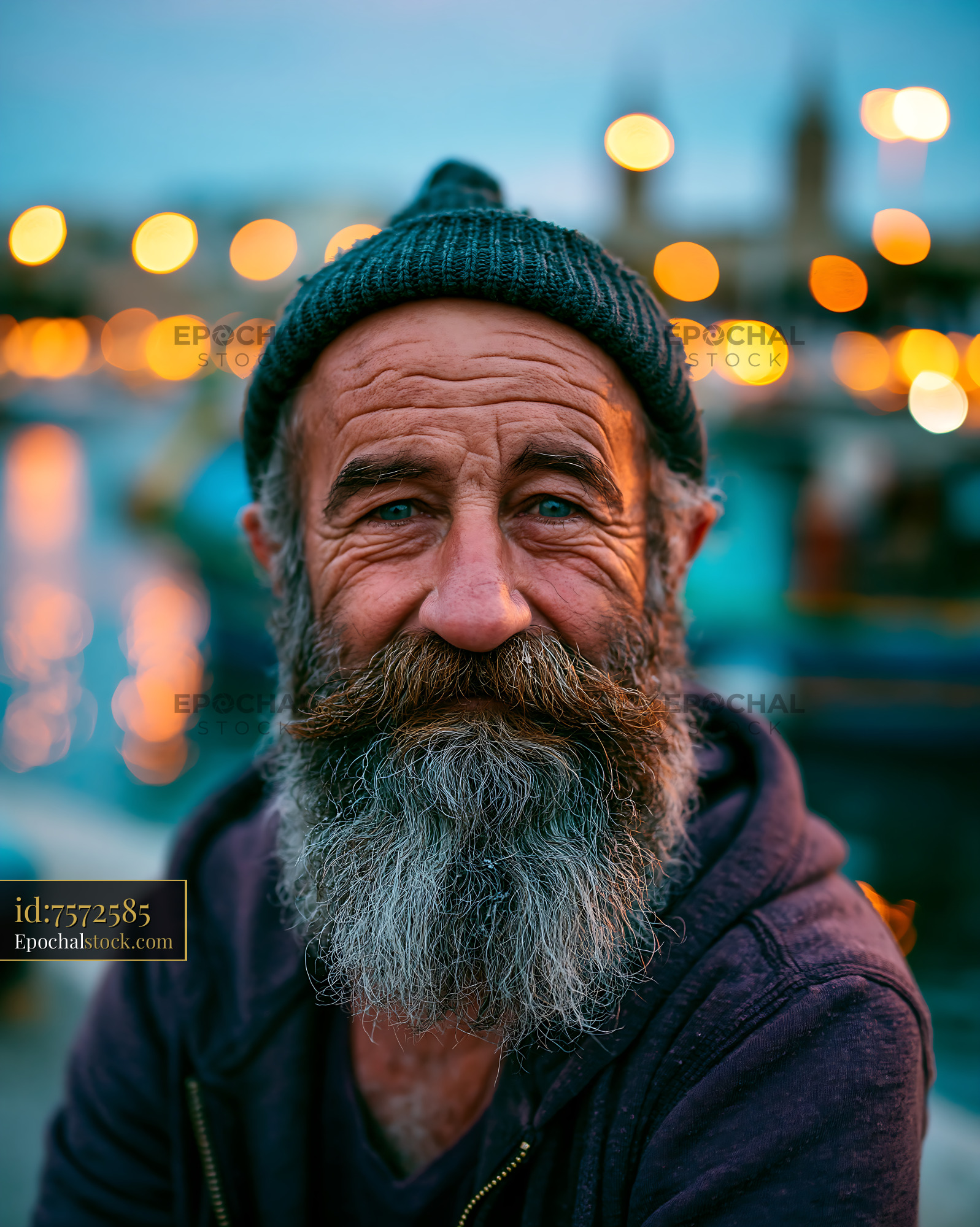 Watermarked full-resolution preview of Man with a beard and hat sitting near water at dusk