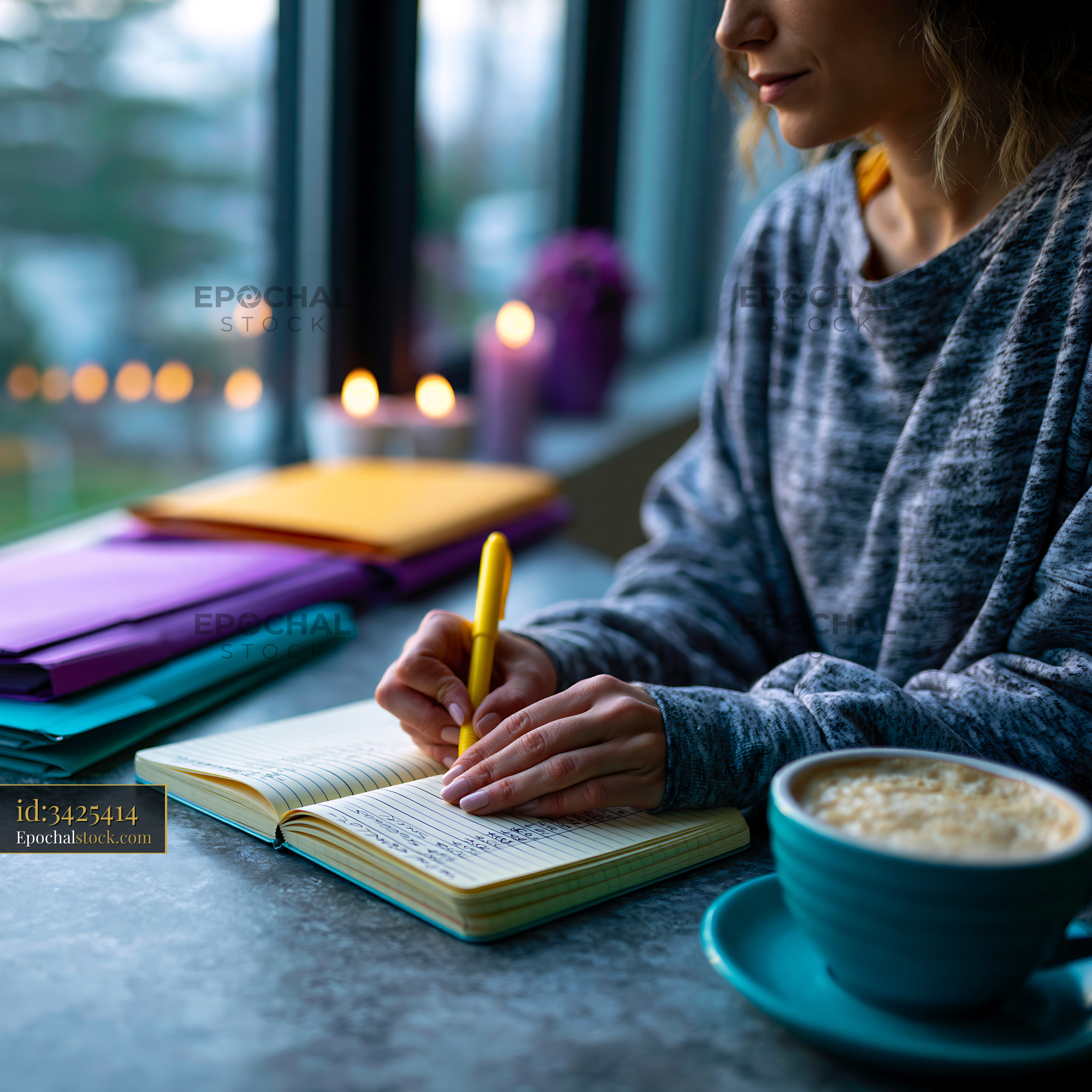 Watermarked full-resolution preview of Writing in a notebook while enjoying coffee near a window