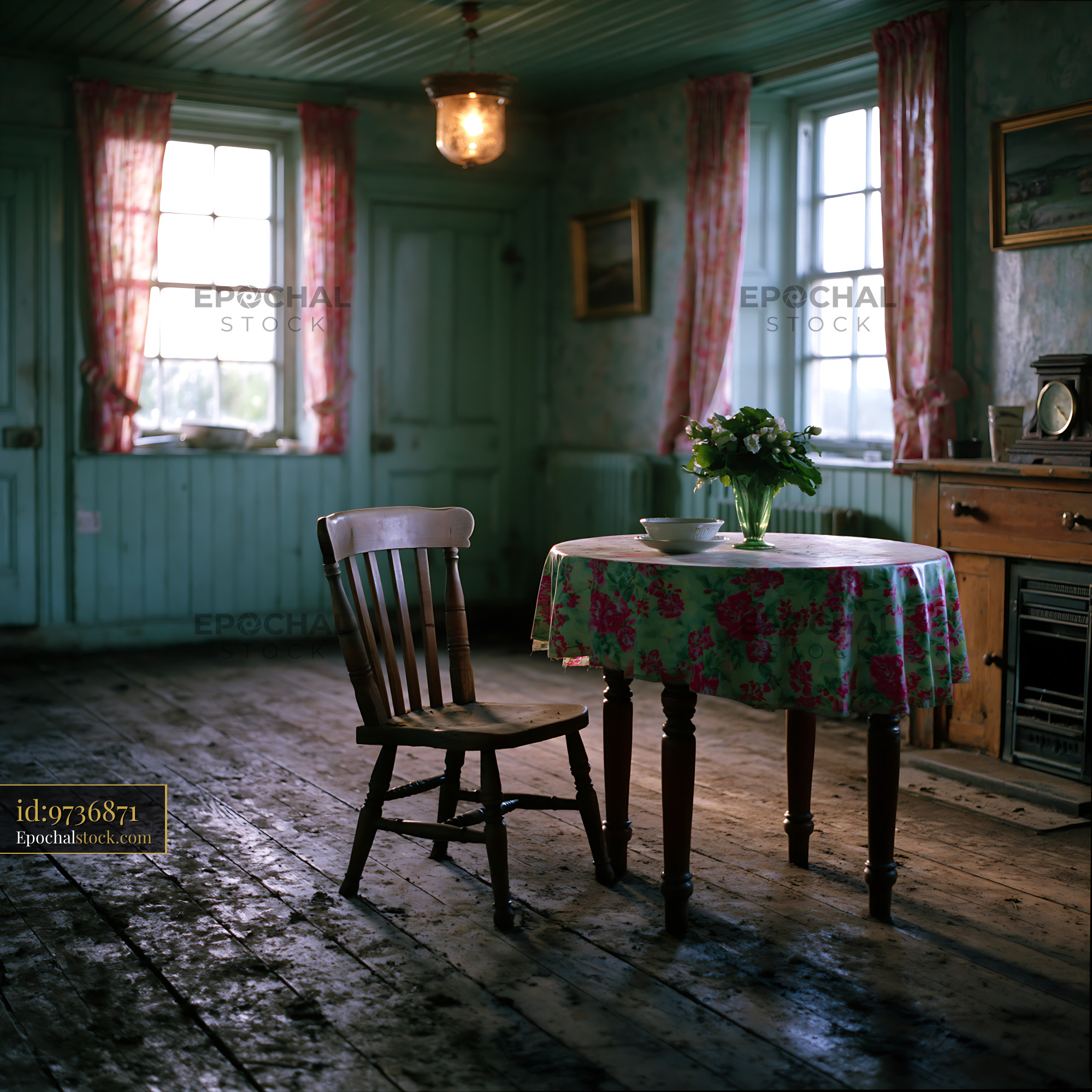 Watermarked full-resolution preview of Cozy room with a wooden table and chair in an old house