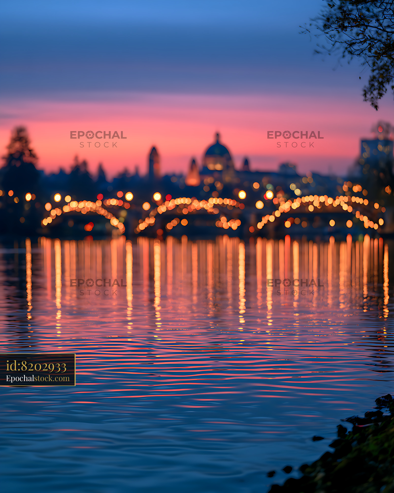 Watermarked full-resolution preview of Dreamy twilight waterfront with glowing reflections