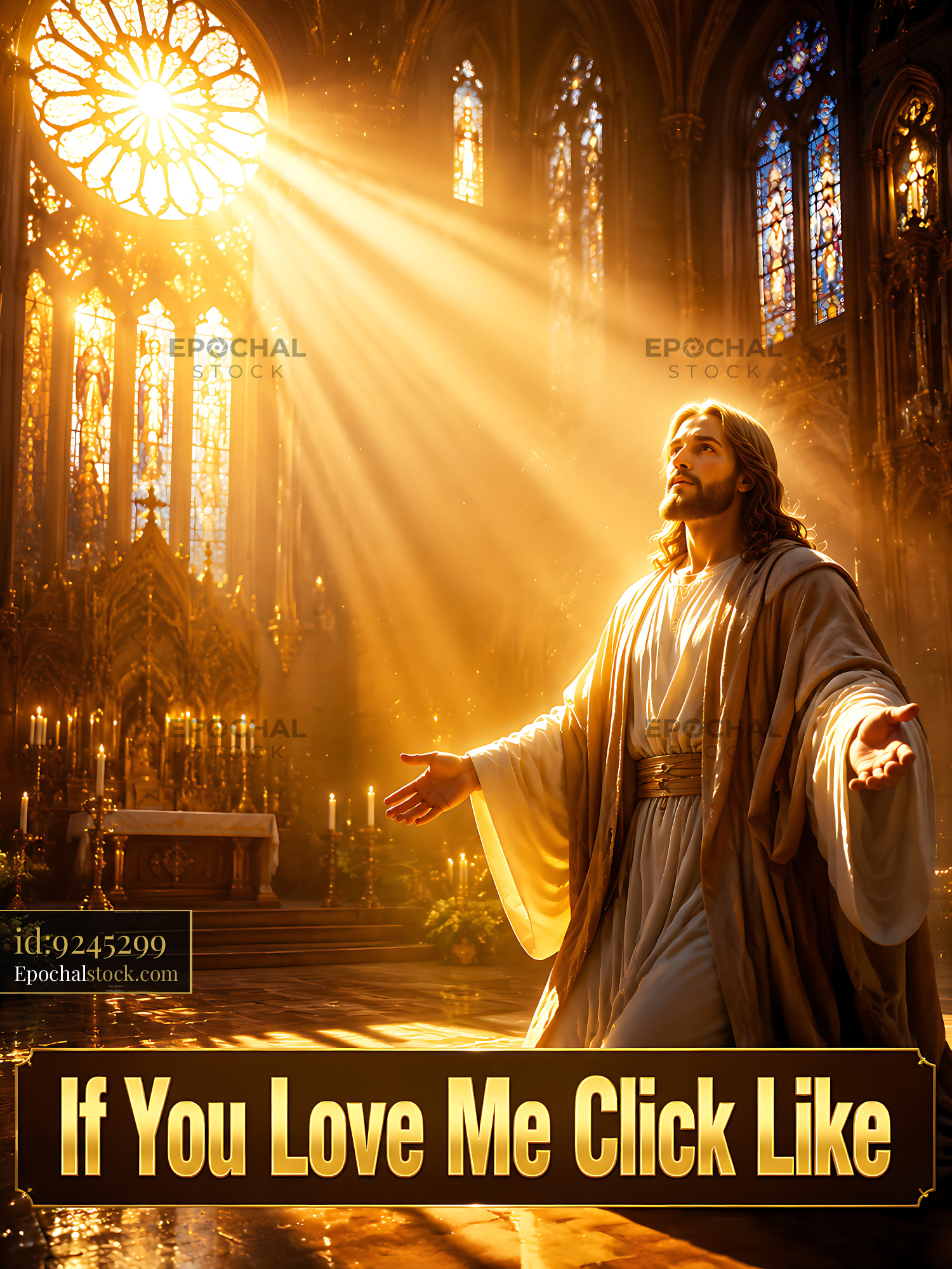 Jesus Stands With Arms Outstretched in a Bright Church - stock photo