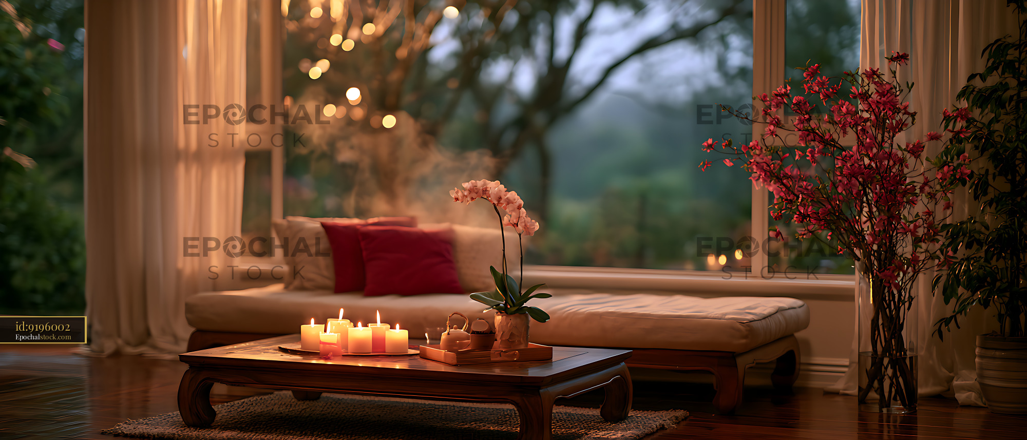 Watermarked full-resolution preview of Warm living room interior with candles and botanical decor