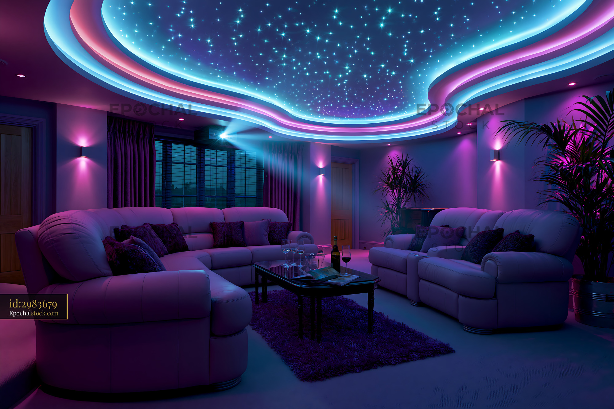 Watermarked full-resolution preview of Modern living room with colorful ceiling lights