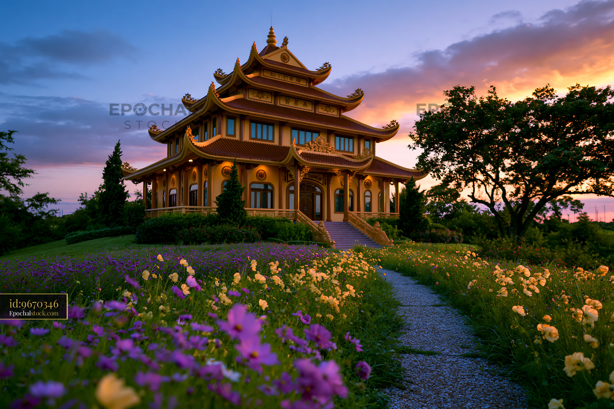 Watermarked full-resolution preview of Beautiful temple with golden architecture at sunset