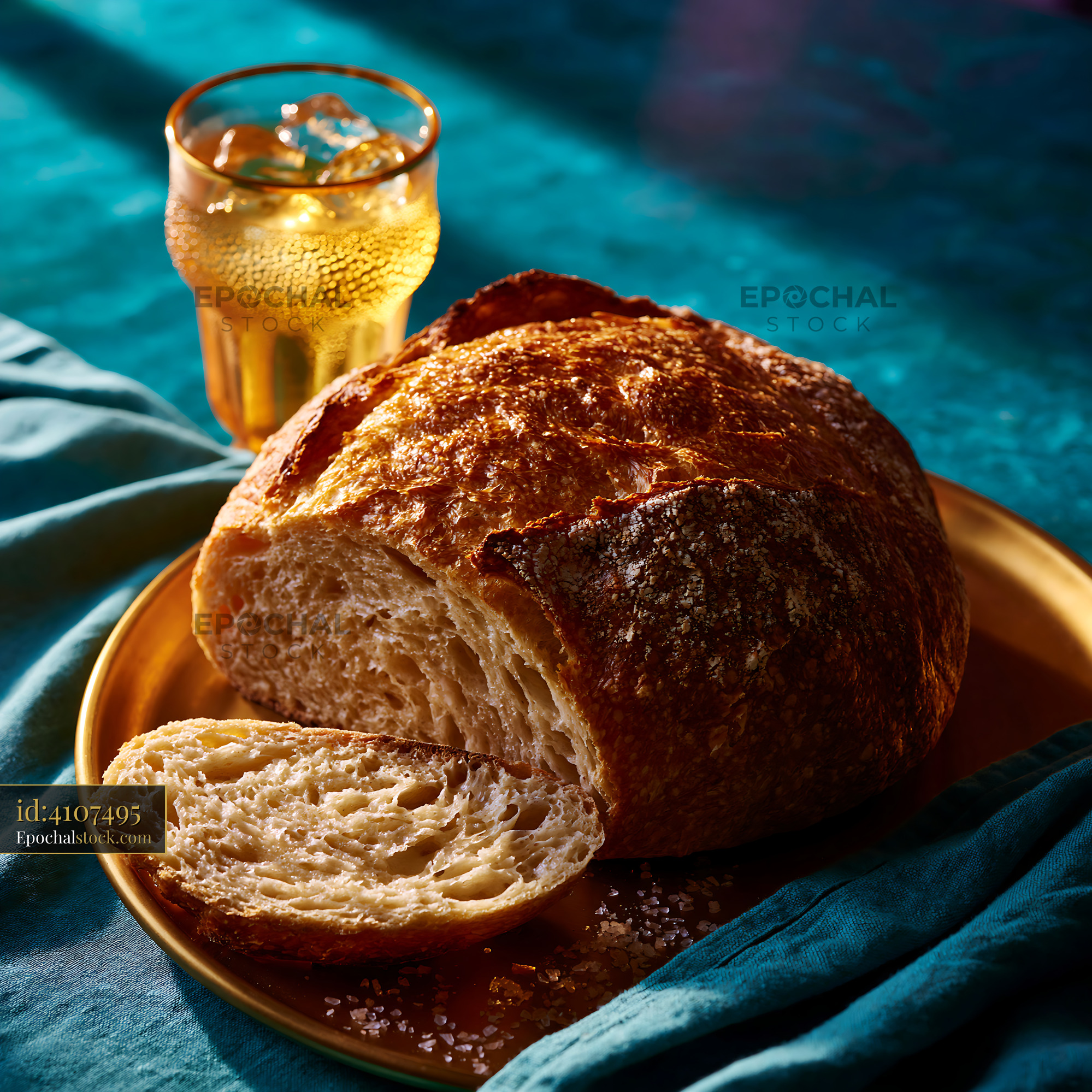 Watermarked full-resolution preview of Freshly baked bread with a glass of cold drink on a table