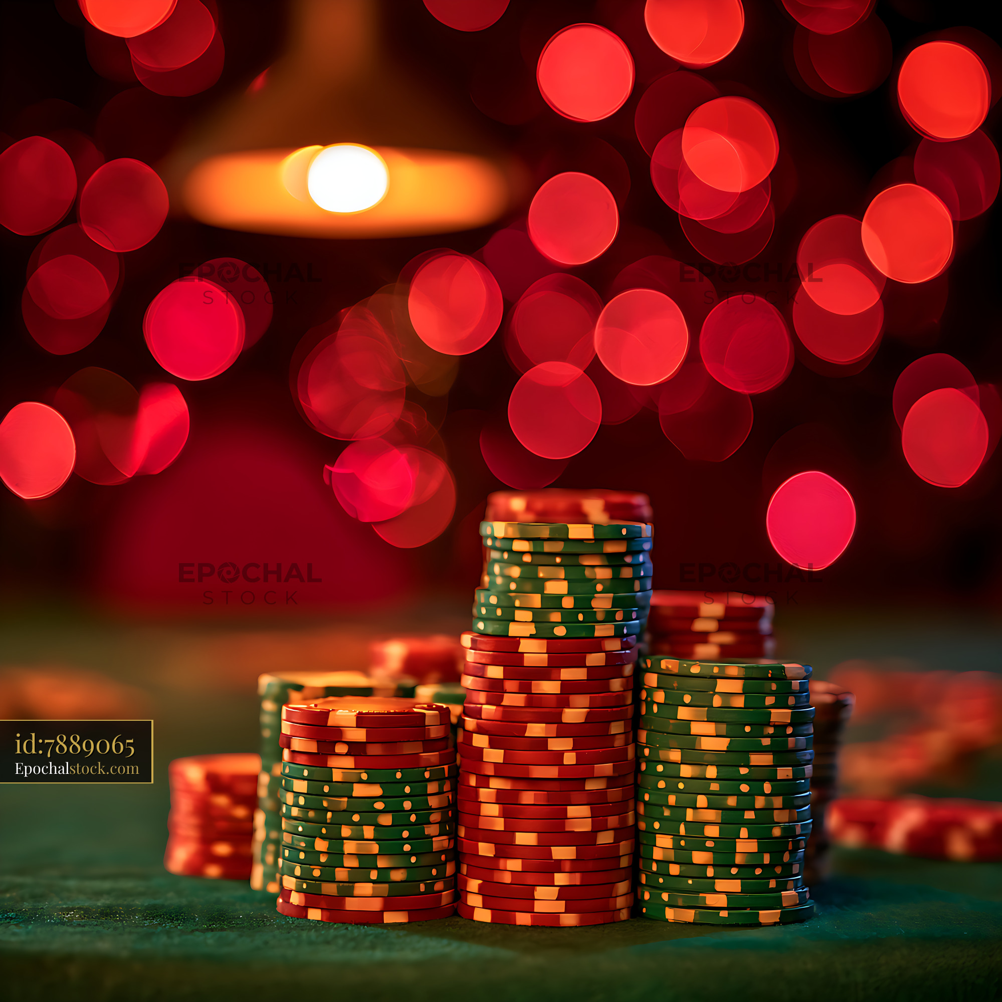 Watermarked full-resolution preview of Stacked poker chips against colorful bokeh