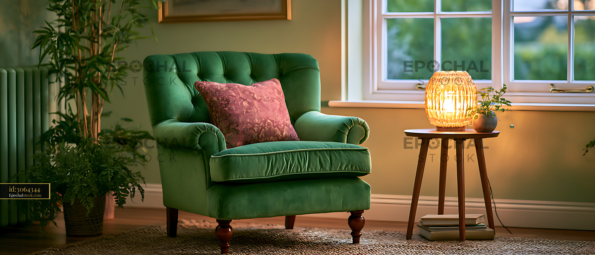 Watermarked full-resolution preview of Cozy green armchair and illuminated side table by a window