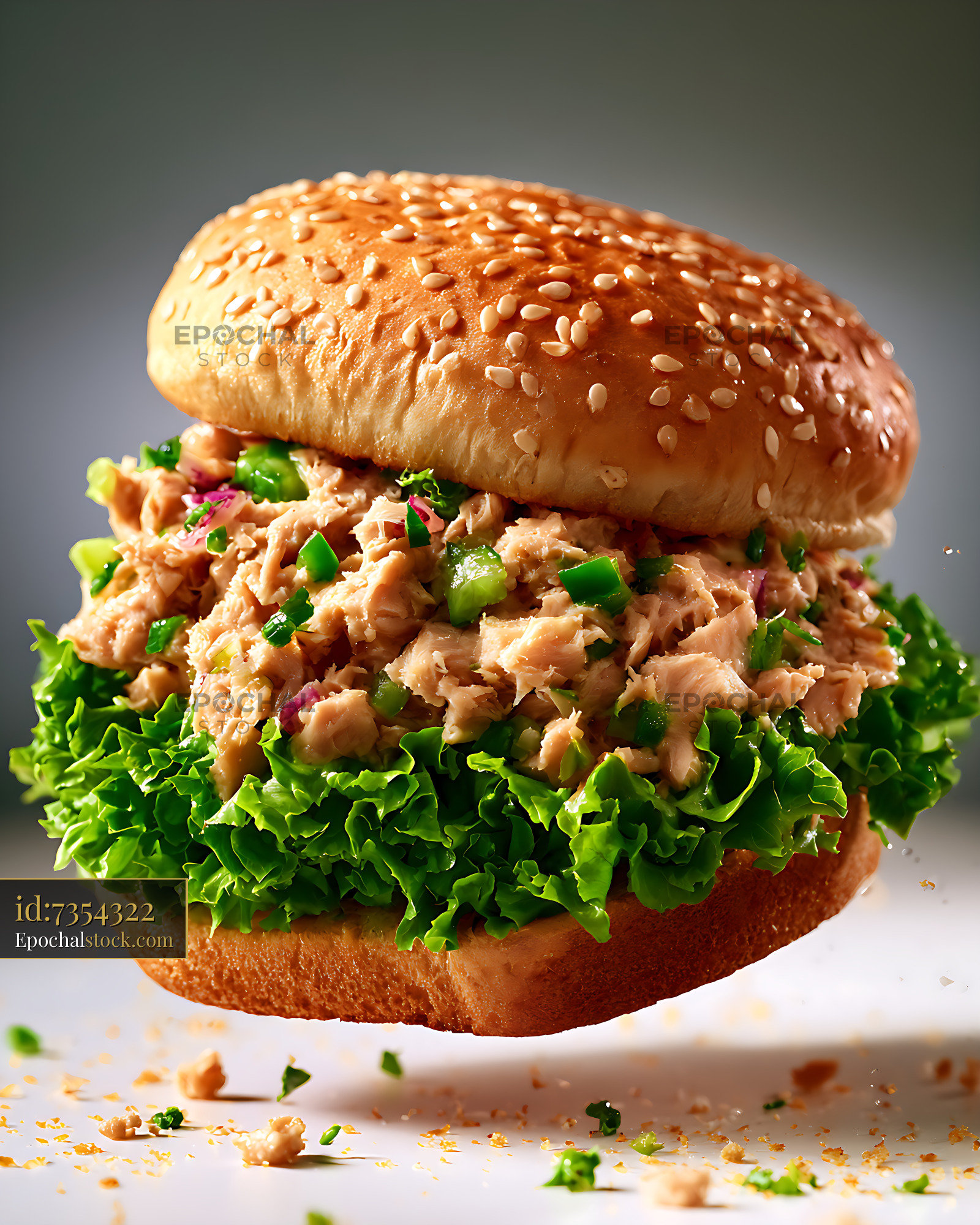 Watermarked full-resolution preview of Close-up tuna salad sandwich with fresh lettuce