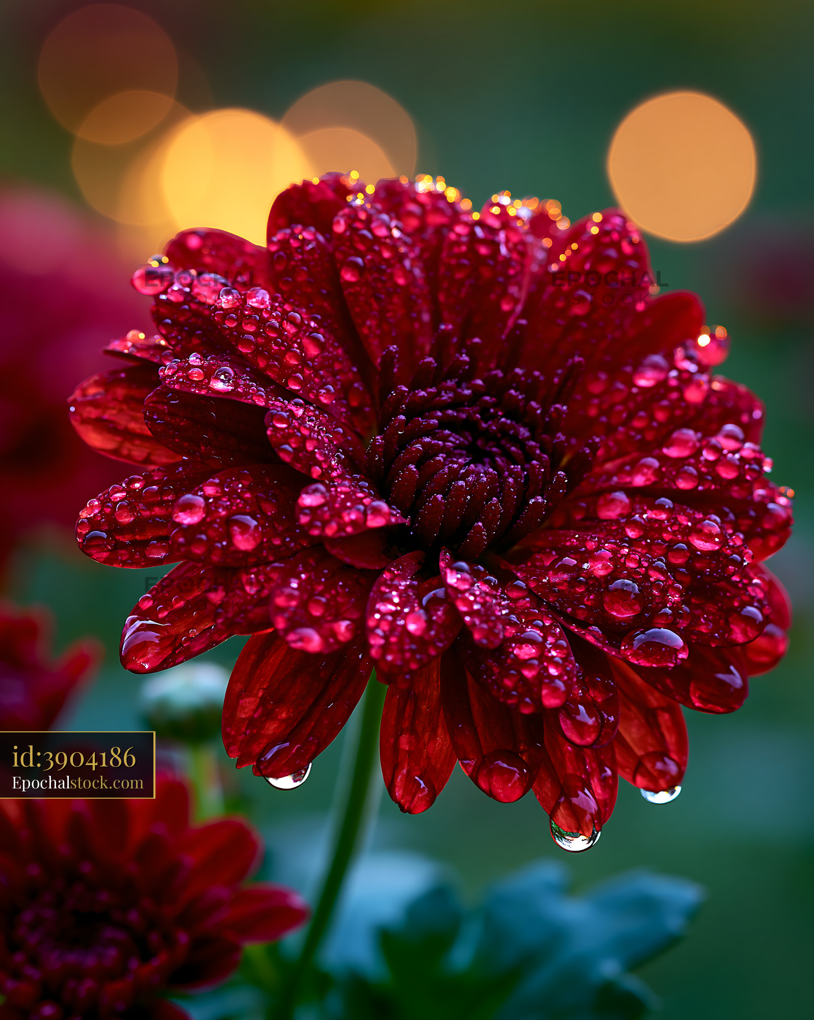 Red Flower With Water Droplets in Soft Light Background - stock photo