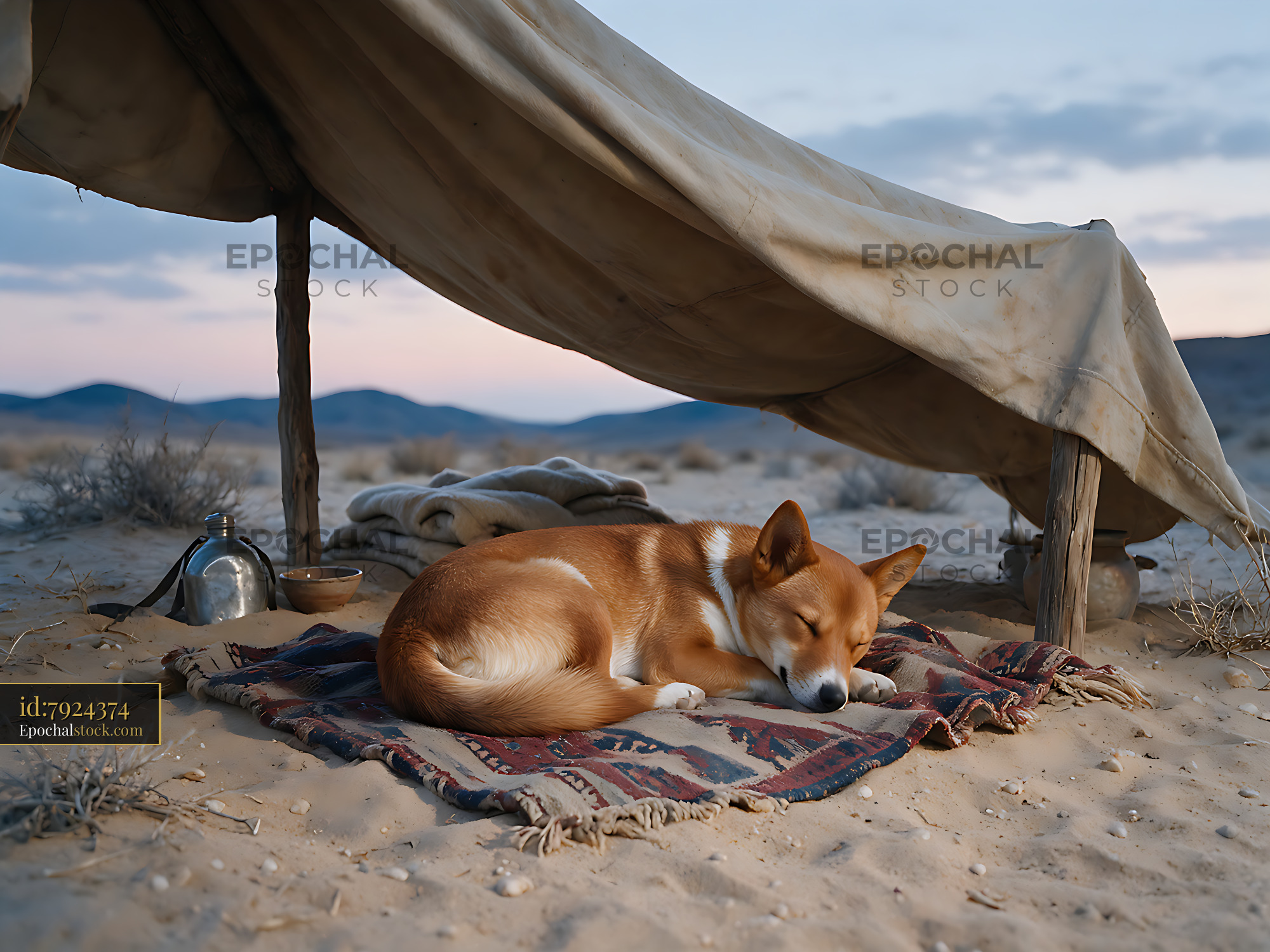 Watermarked full-resolution preview of Puppy sleeping beneath a desert shelter