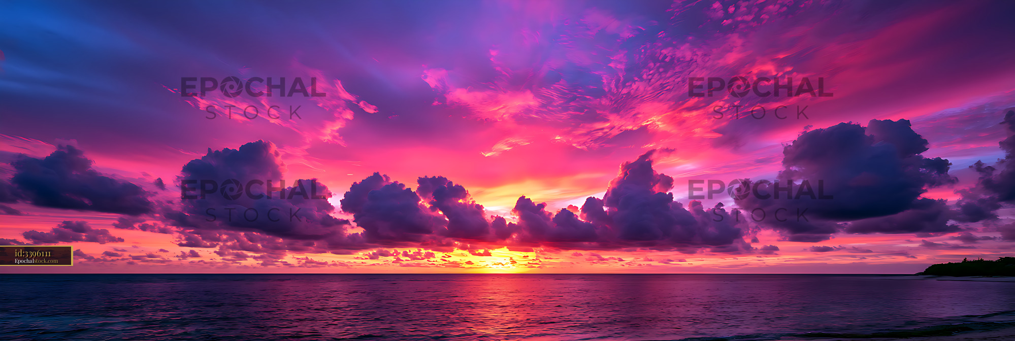 Watermarked full-resolution preview of Colorful sunset cloudscape above a tranquil ocean horizon