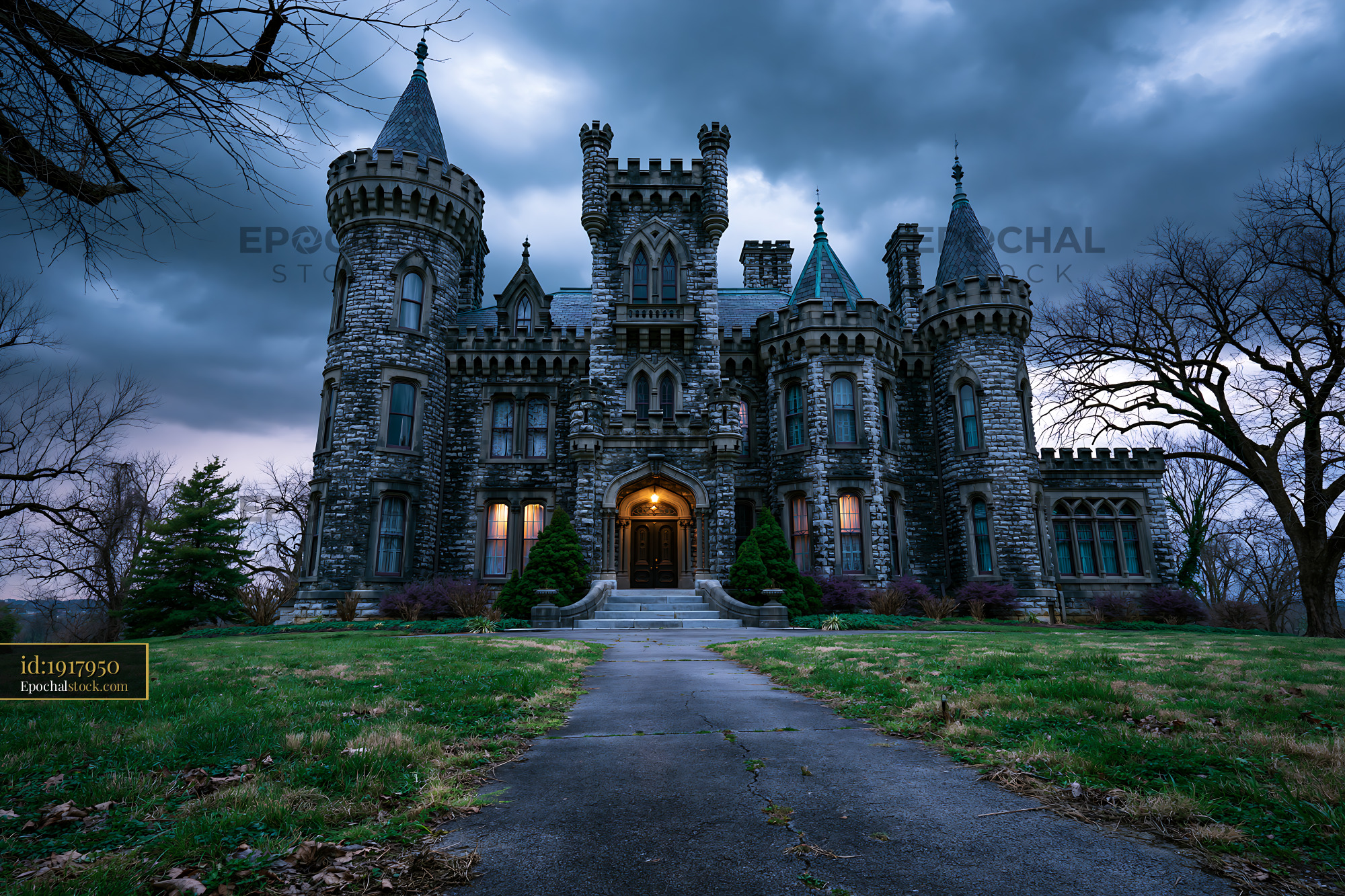 Watermarked full-resolution preview of Historic castle with towers under stormy sky
