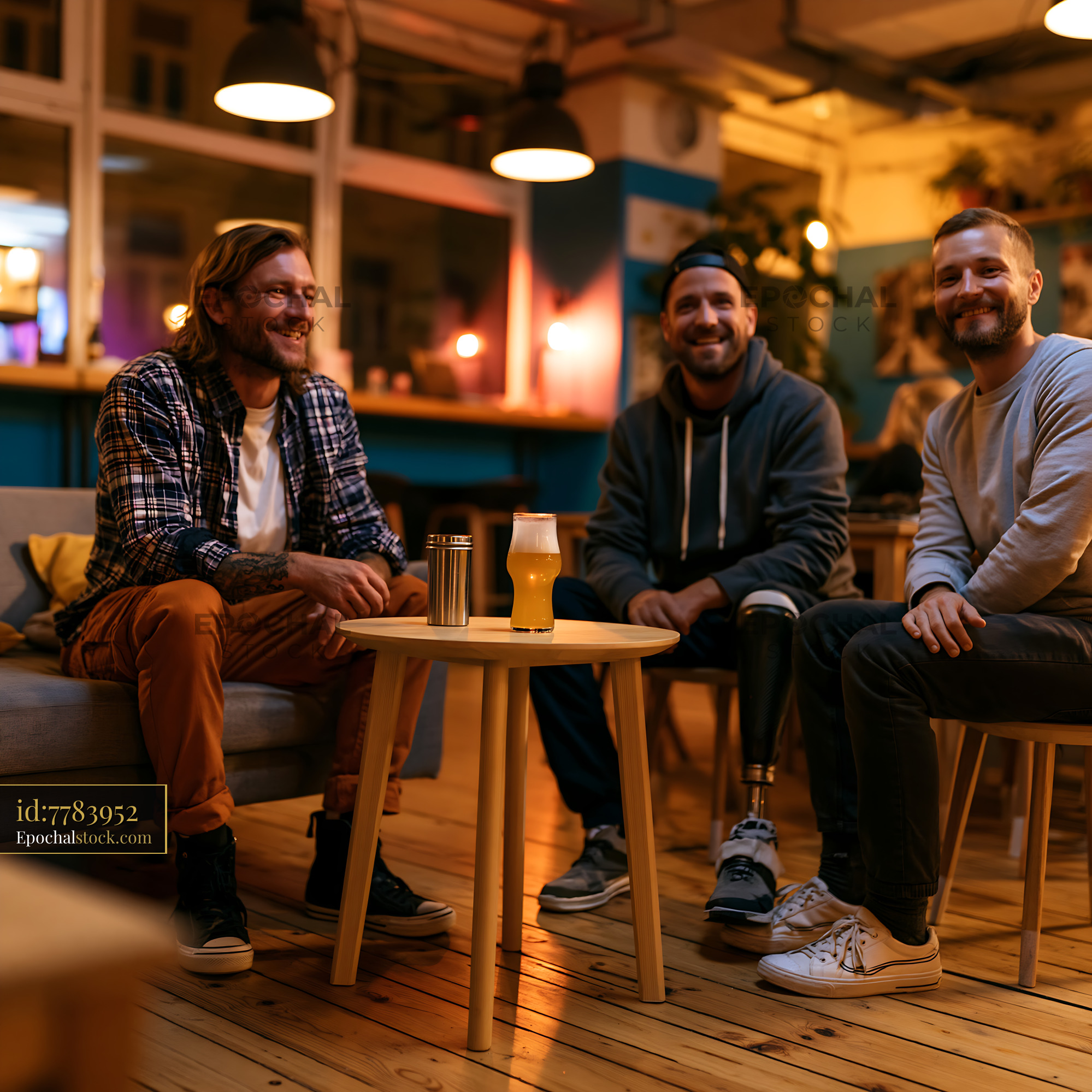 Watermarked full-resolution preview of Friends enjoying drinks and conversation in a cozy café setting