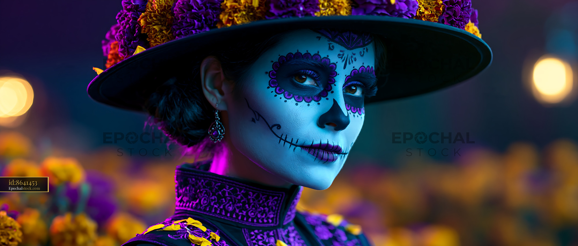 Watermarked full-resolution preview of Woman with colorful face paint and floral hat at a festival
