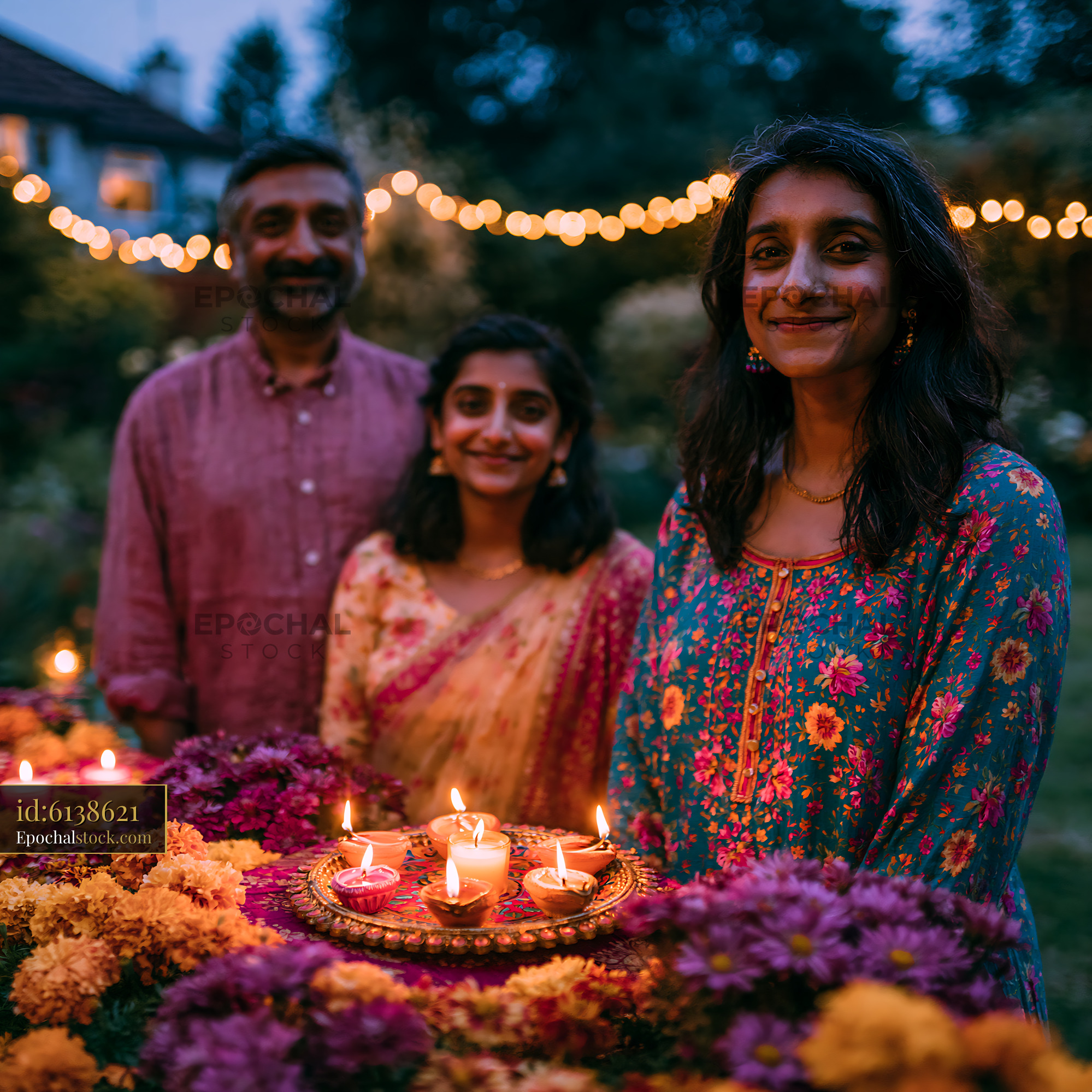 Watermarked full-resolution preview of Family celebrating festival with candles and flowers in garden