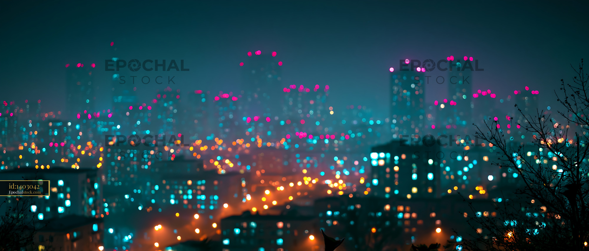 City Skyline Lights Glow at Night With Vibrant Colors and Buildings - stock photo