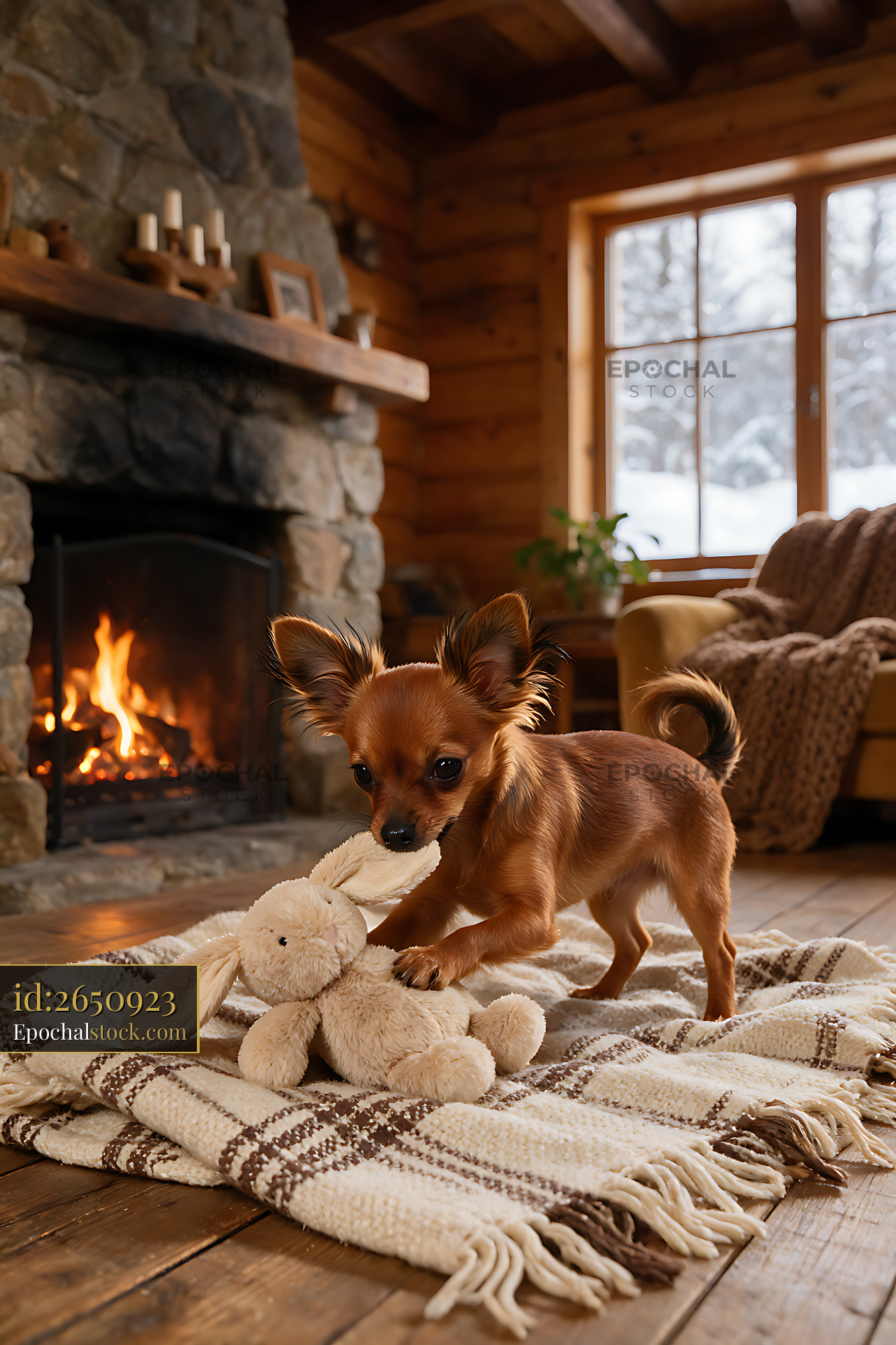 Watermarked full-resolution preview of Puppy playing with stuffed toy beside a warm fireplace