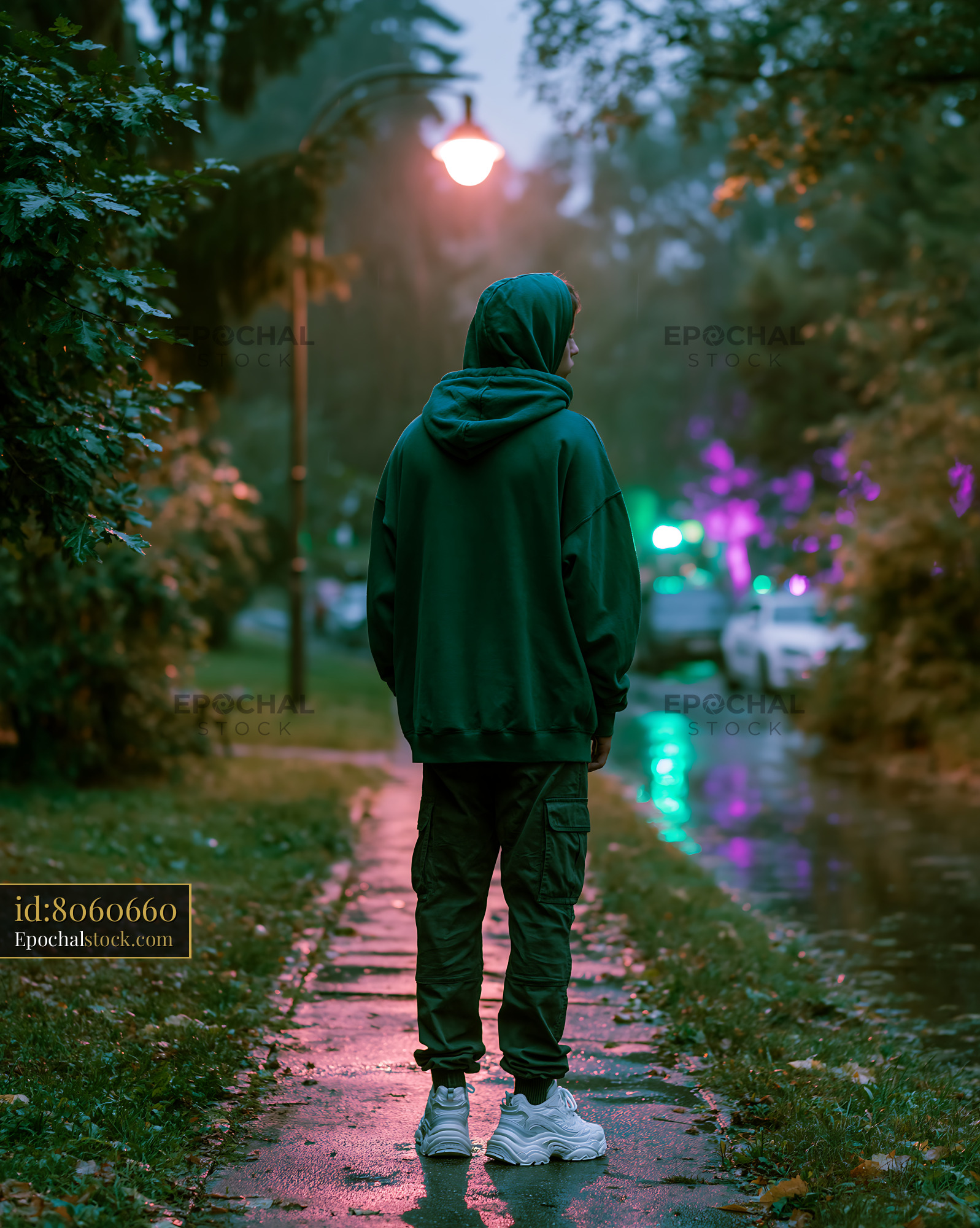 Watermarked full-resolution preview of Person walking in a park during rainy evening with street lights