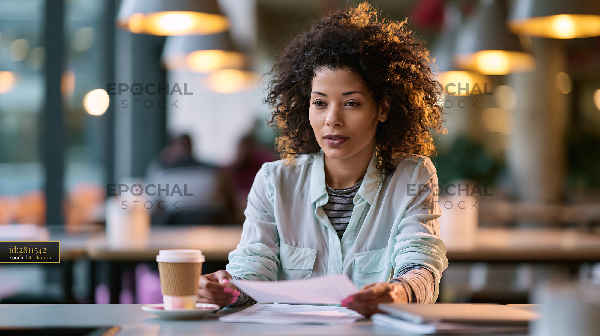 Freelancer Discussing Projects at Hot Desking Station in Cafe - stock photo