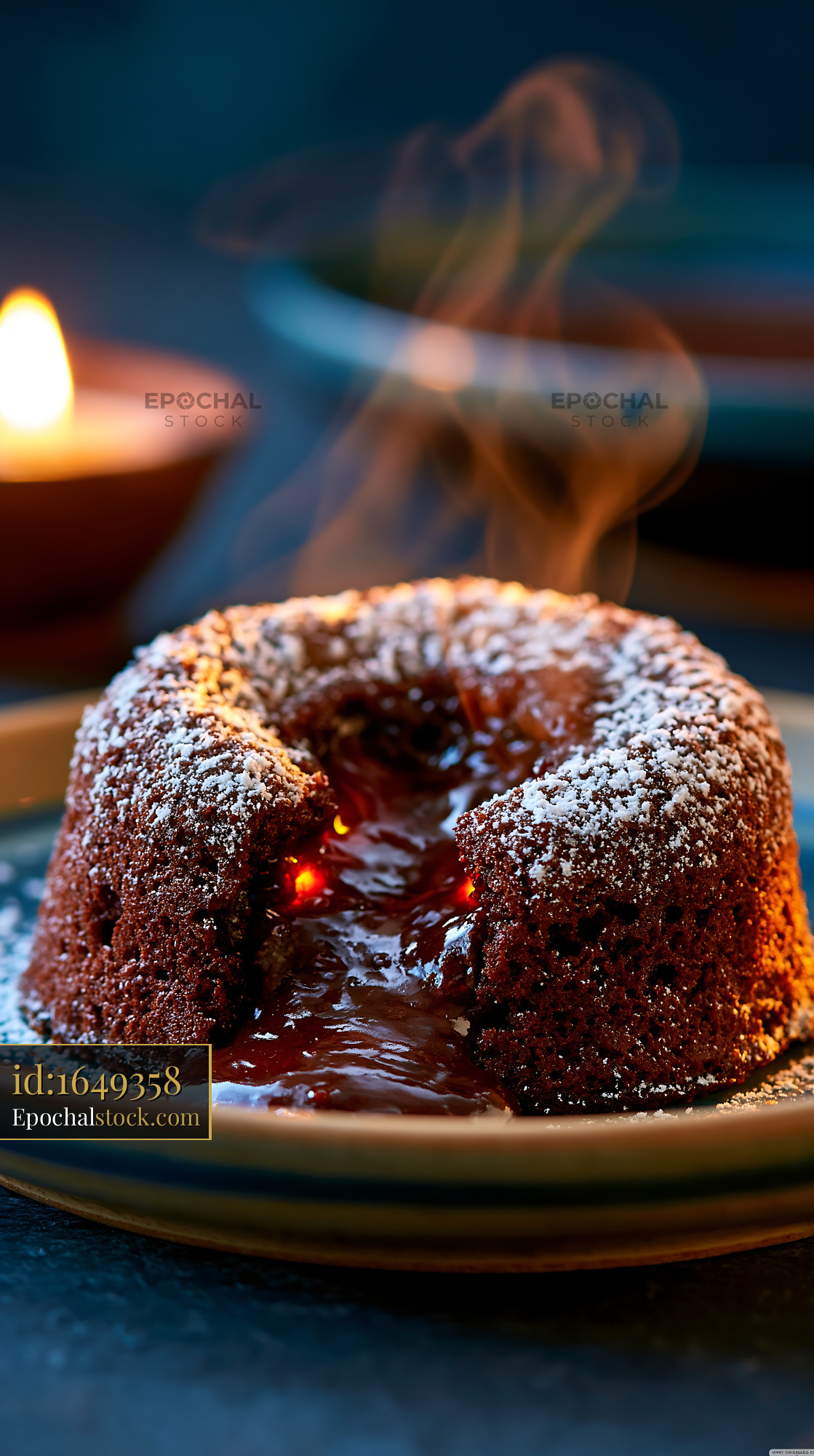 Watermarked full-resolution preview of Warm chocolate cake with melting center on a plate