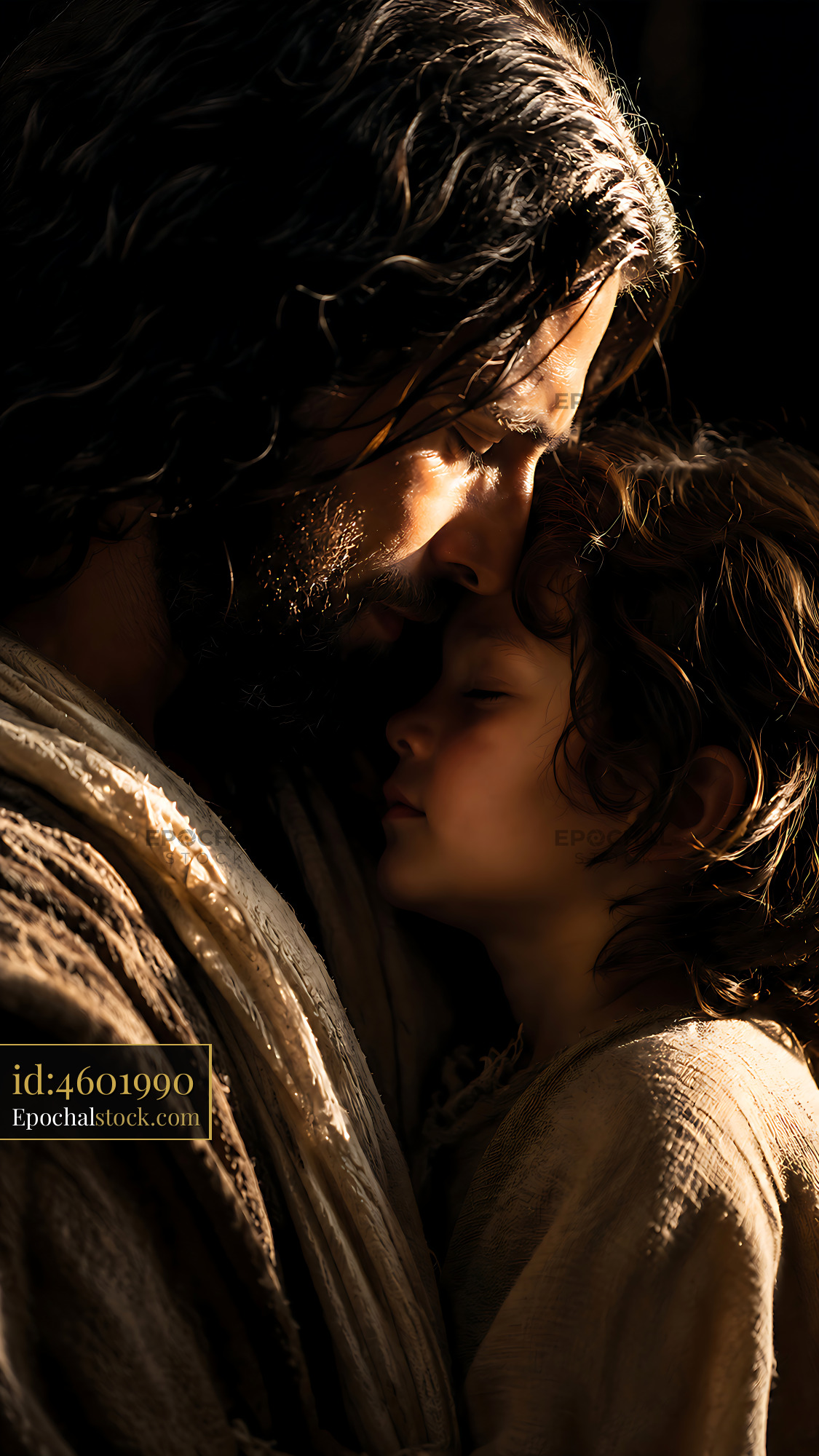 Watermarked full-resolution preview of Embrace of a father and child in a warm setting