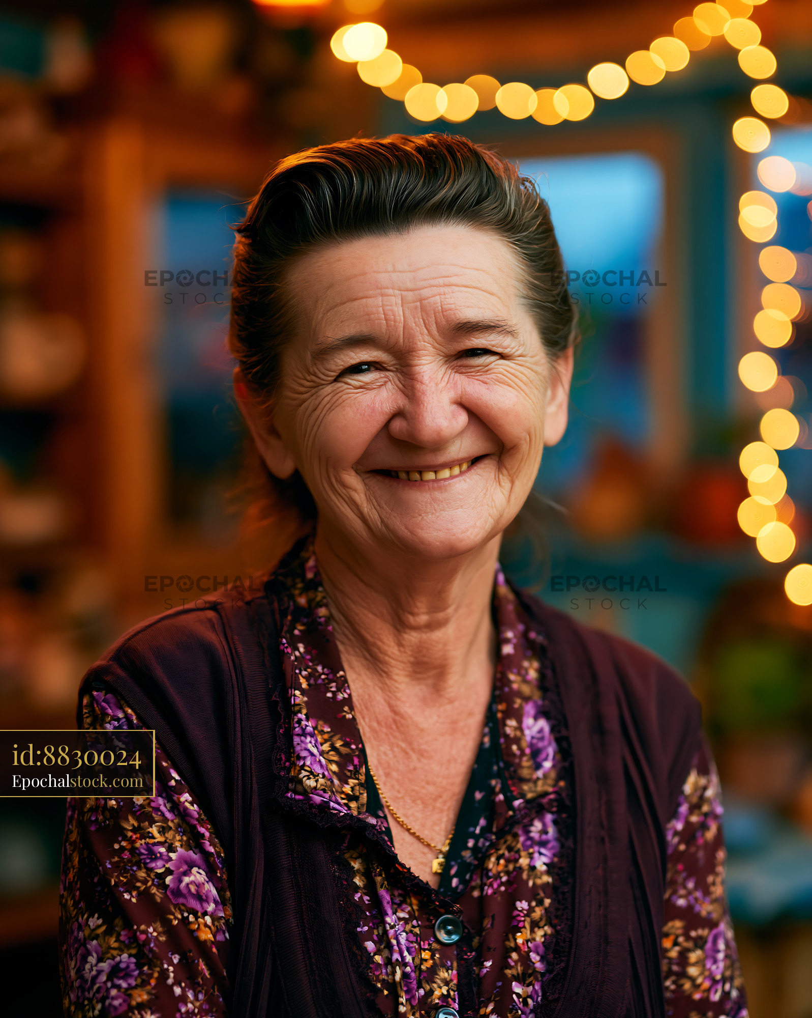 Watermarked full-resolution preview of Smiling woman with warm expression in cozy setting