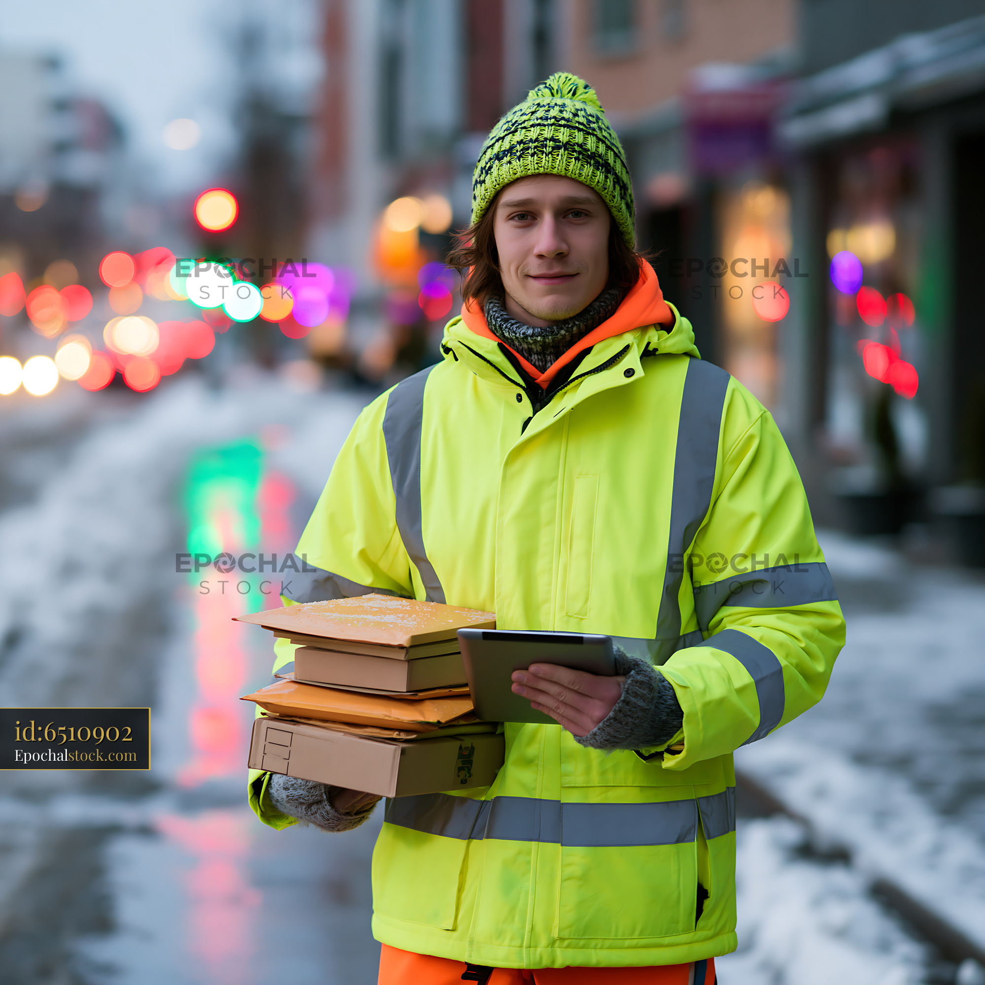 Watermarked full-resolution preview of Delivery worker holding packages on a snowy street at dusk