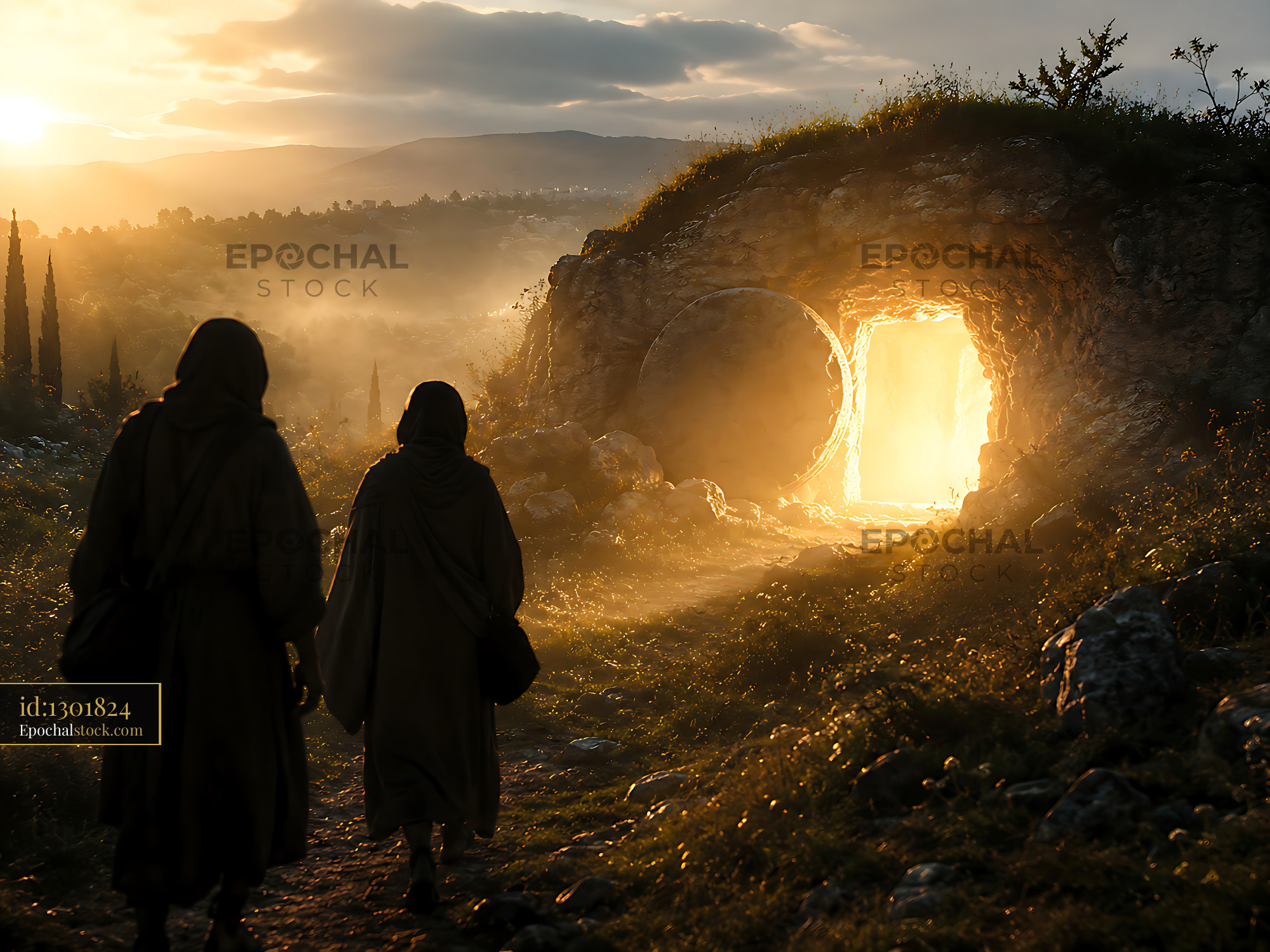 Two Figures Walking Towards a Glowing Entrance in the Landscape - stock photo