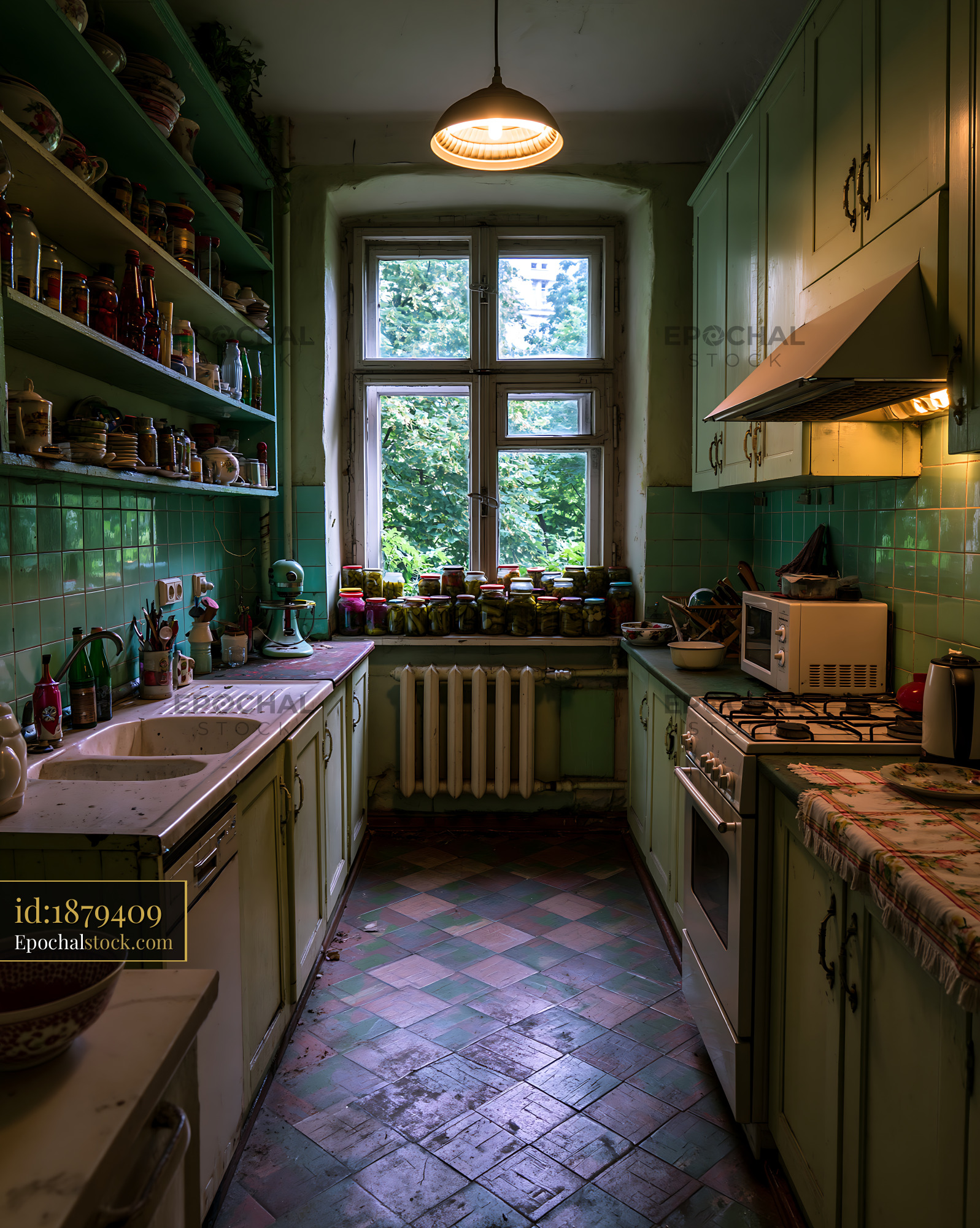 Watermarked full-resolution preview of Vintage kitchen with green cabinets and jars on the windowsill
