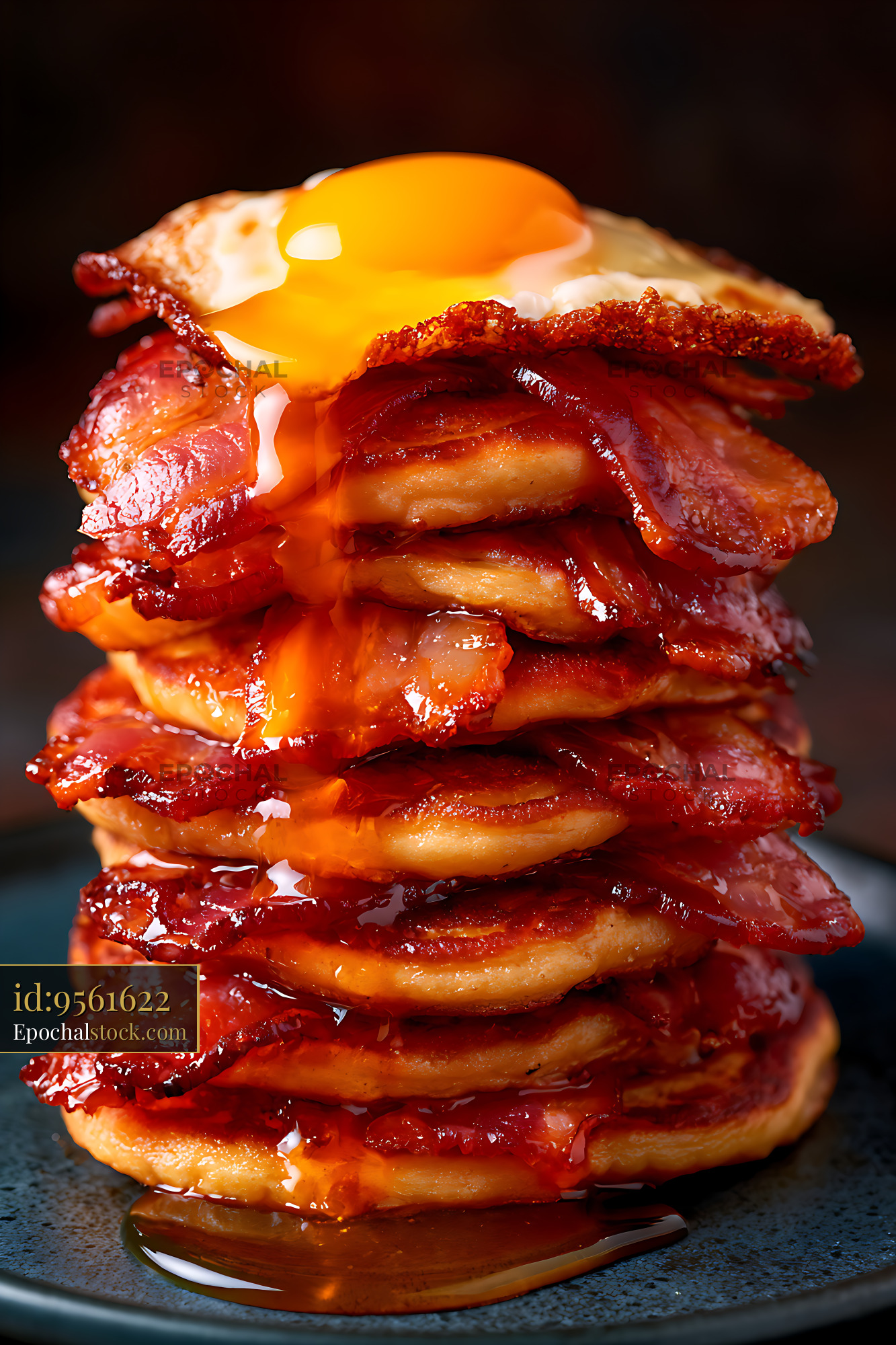 Watermarked full-resolution preview of Bacon pancake stack with fried egg and syrup
