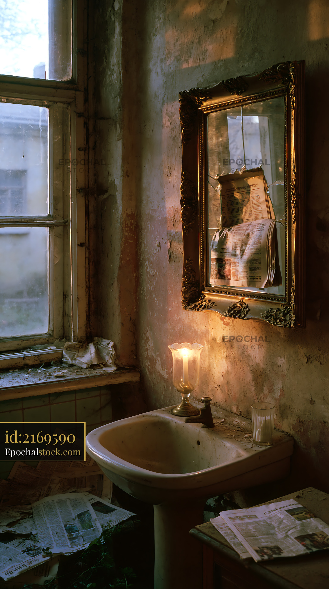 Watermarked full-resolution preview of Old bathroom with mirror and candle in abandoned building