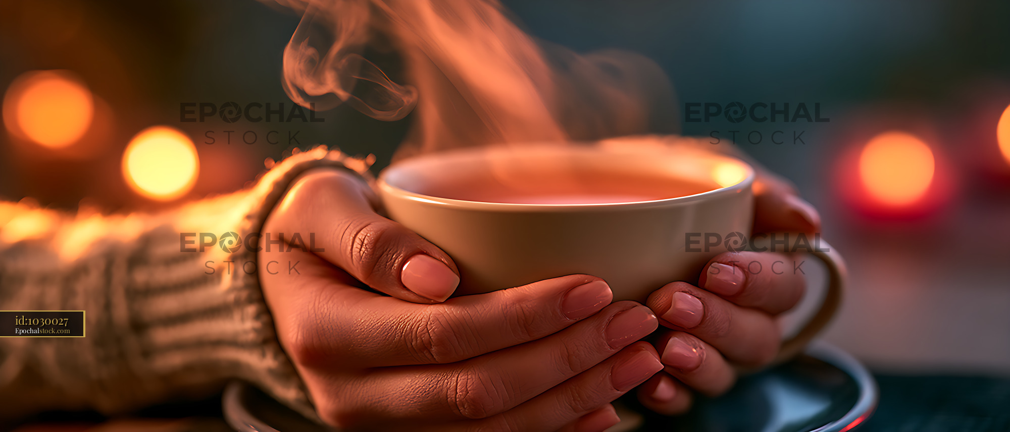 Watermarked full-resolution preview of Close view of hands holding a steaming ceramic cup