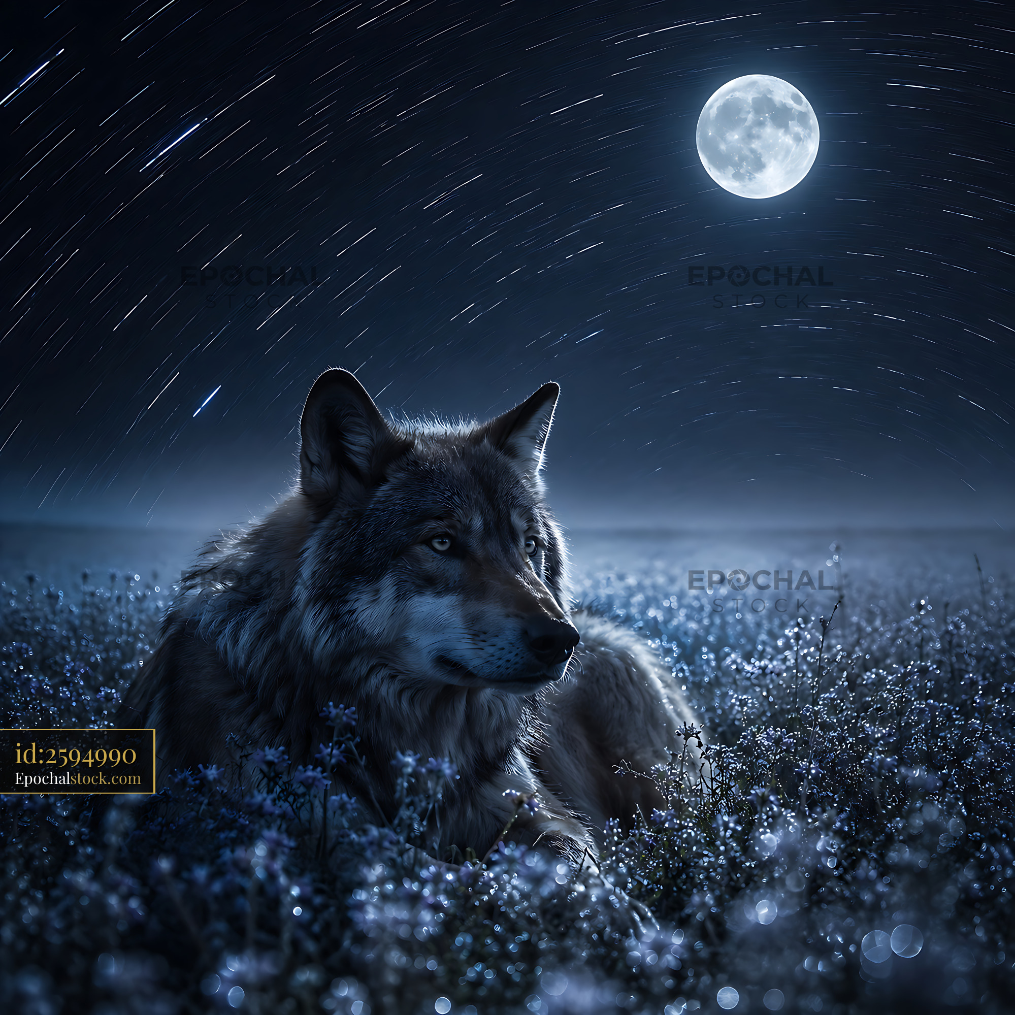 Watermarked full-resolution preview of Wolf resting in a moonlit field under a starry sky