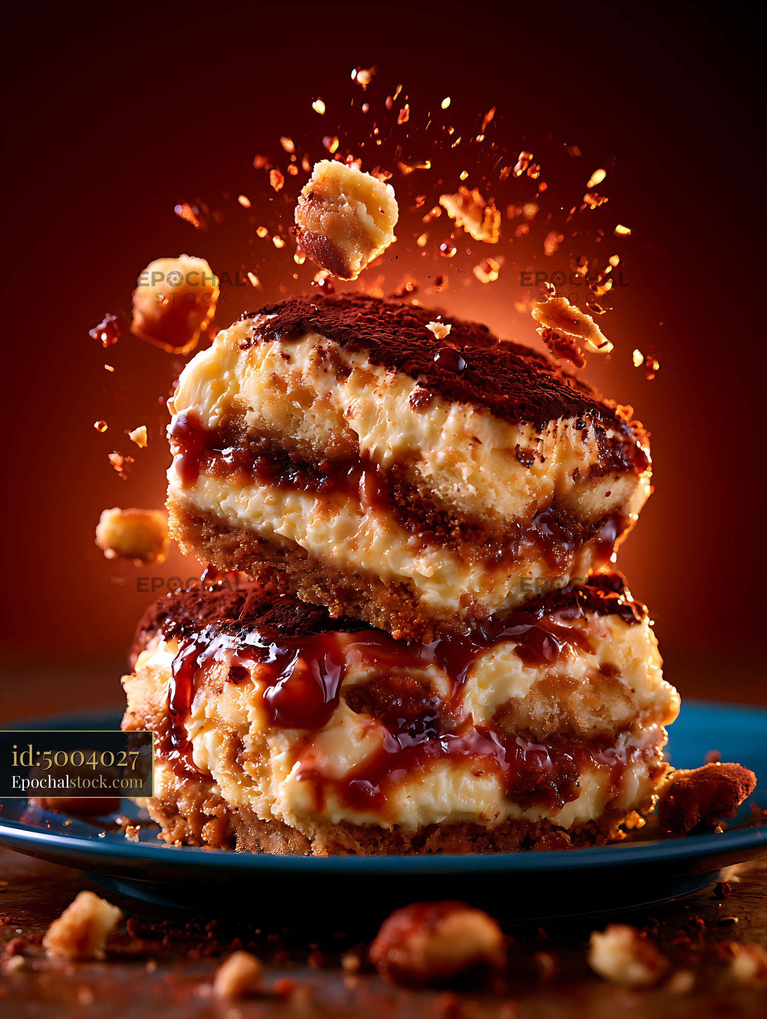 Watermarked full-resolution preview of Close-up layered dessert with cream and chocolate topping
