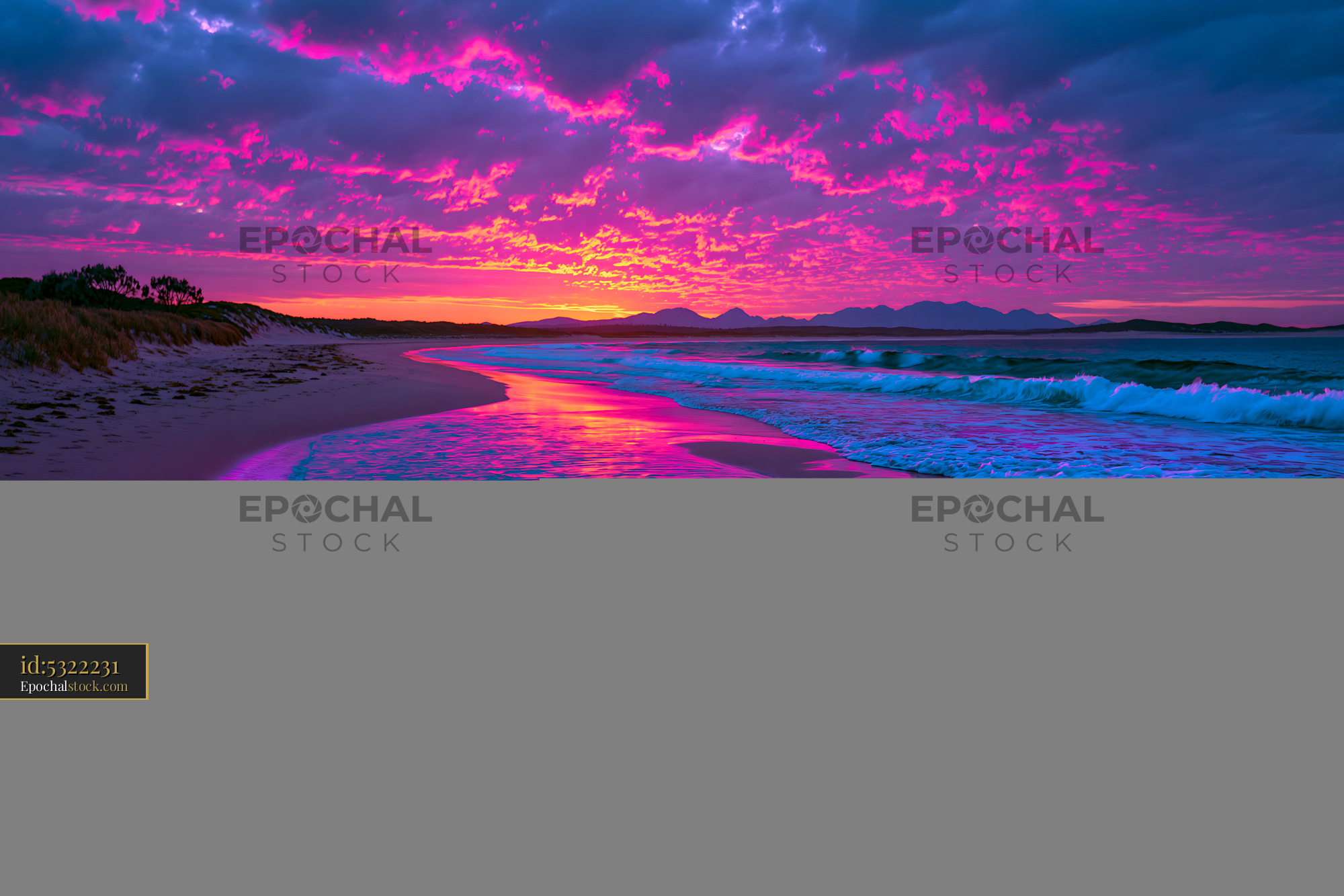 Watermarked full-resolution preview of Colorful sunset shoreline with ocean waves and mountain silhouettes
