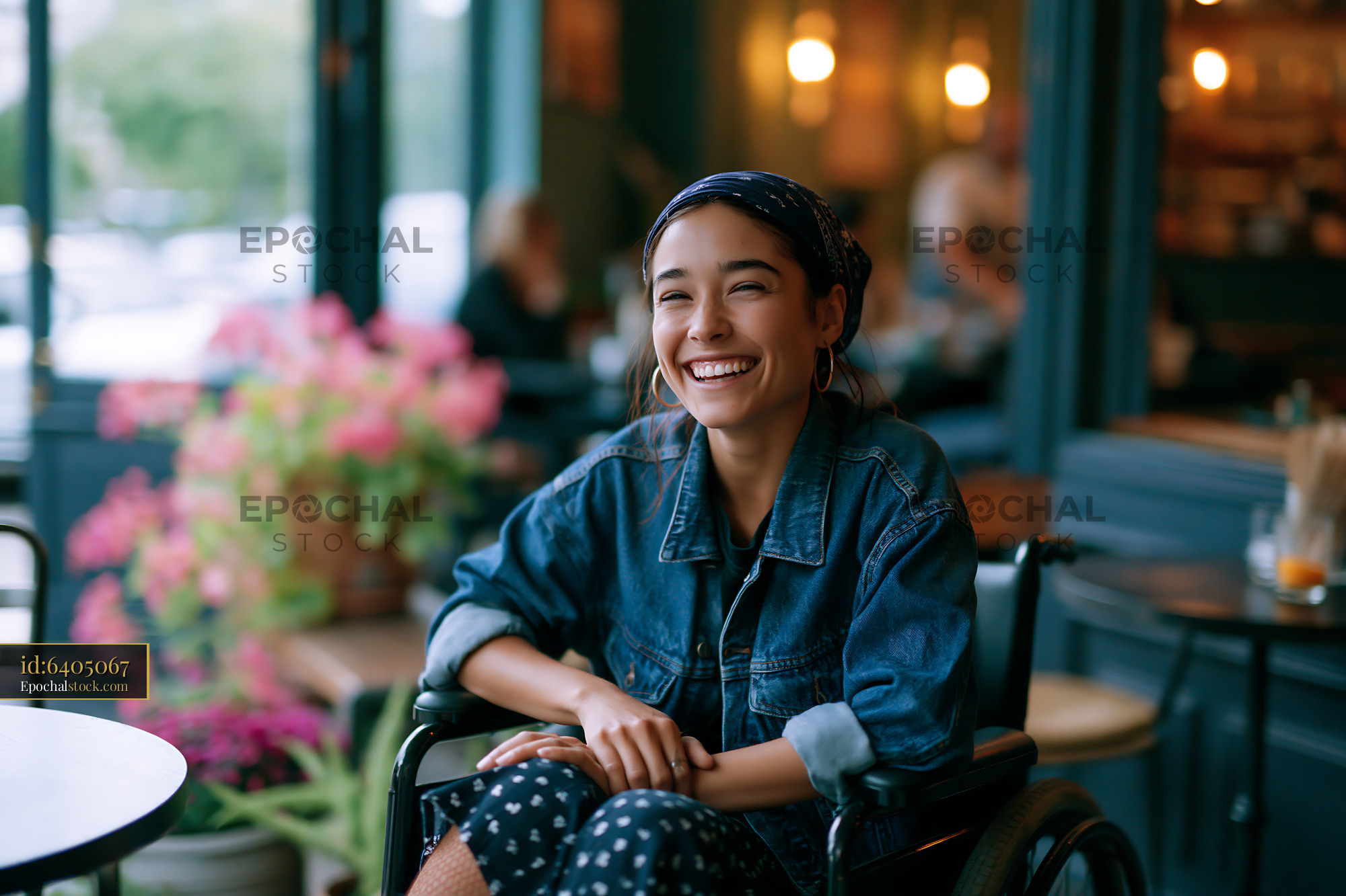 Watermarked full-resolution preview of Woman in wheelchair smiles while sitting in a cafe with plants