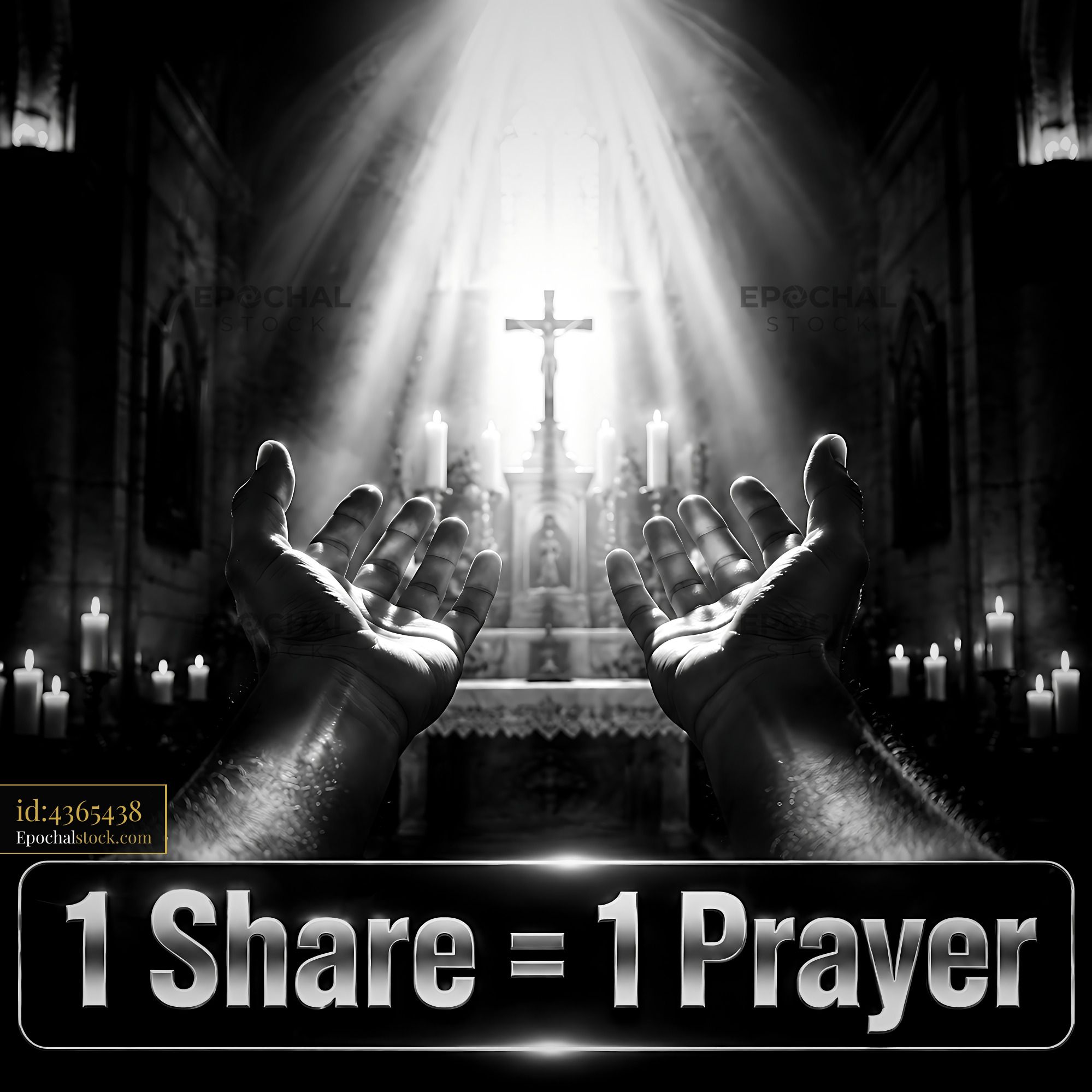 Watermarked full-resolution preview of Hands raised in prayer inside a church setting
